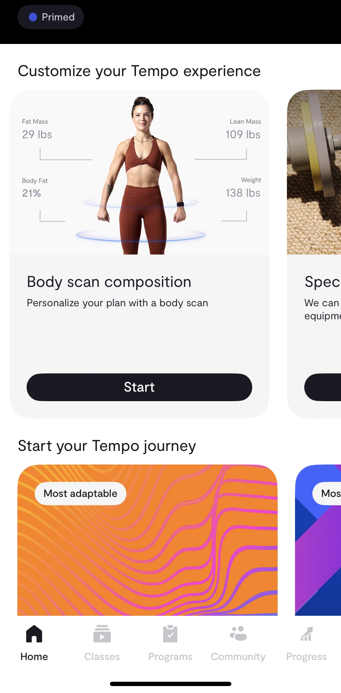 Tempo Screen screen in the Scanning body composition flow