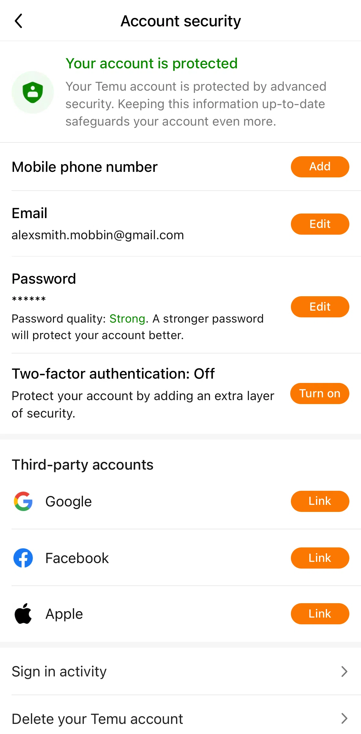 Temu Screen screen in the Adding a phone number flow