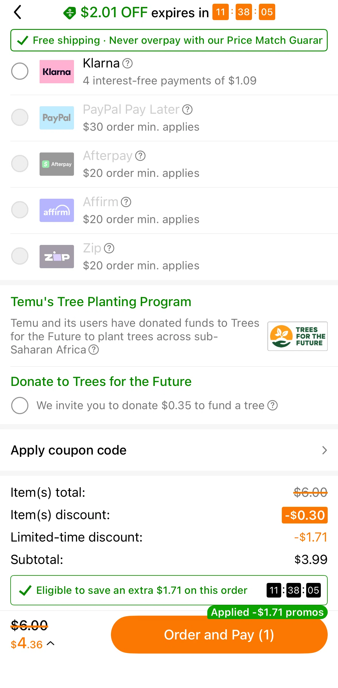 Temu Screen screen in the Apply a coupon code flow