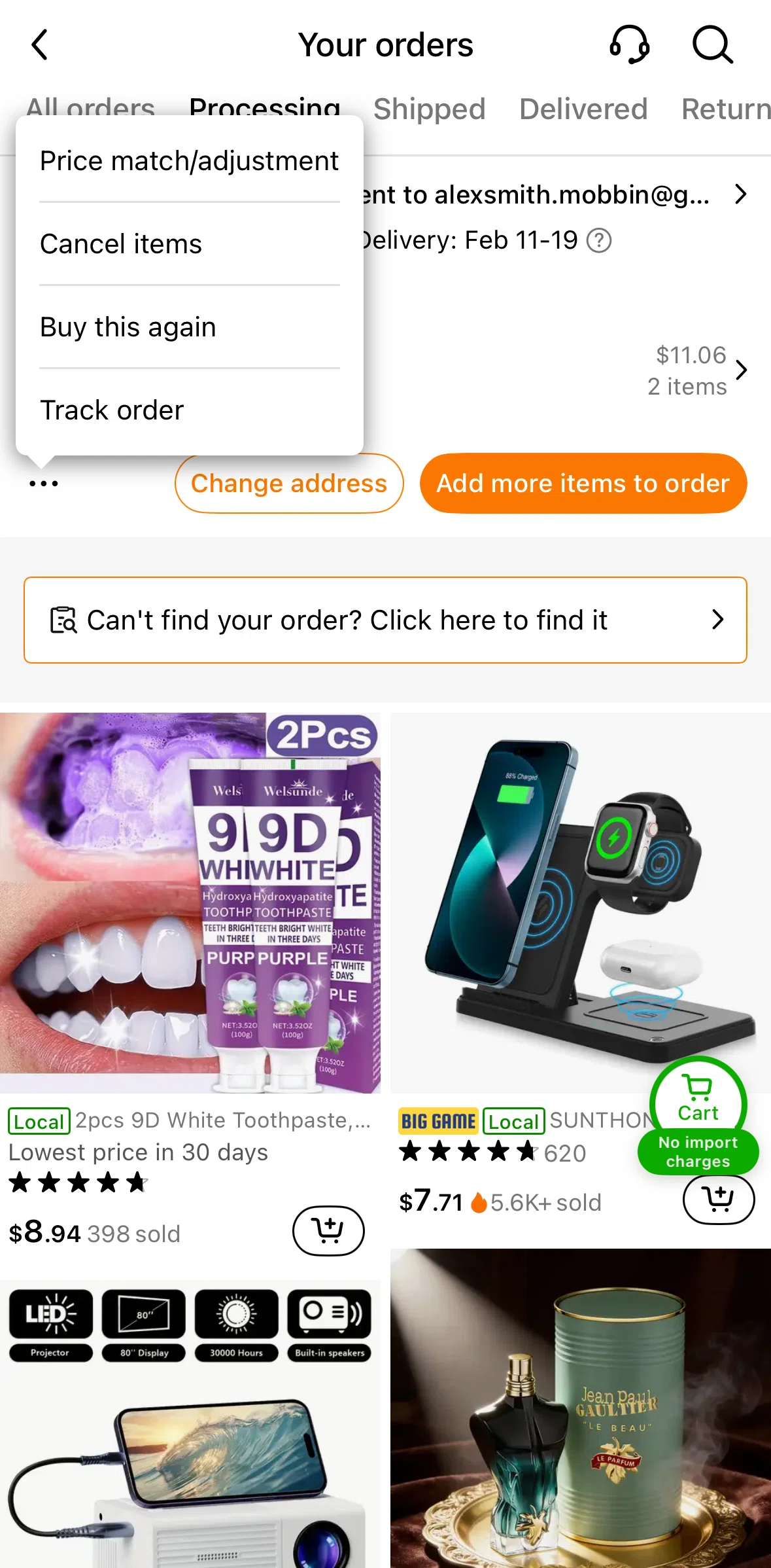 Temu Screen screen in the Cancelling items flow
