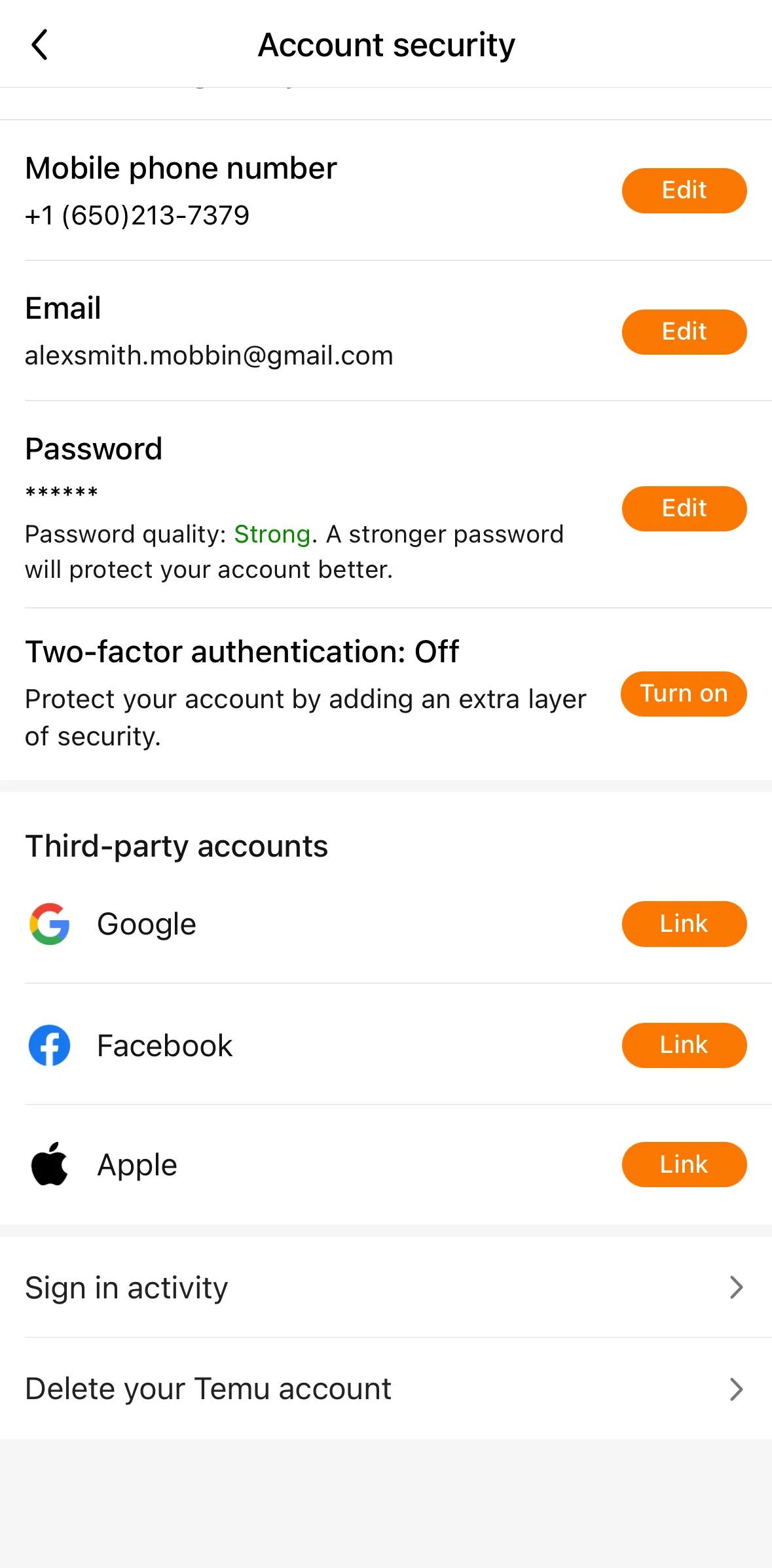 Temu Screen screen in the Deleting an account flow
