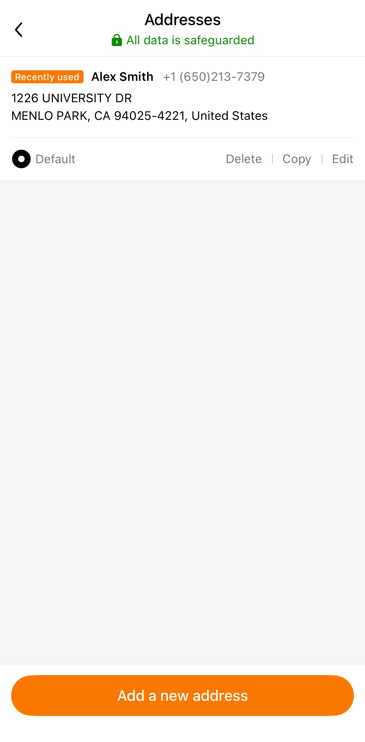 Temu Screen screen in the Deleting an address flow
