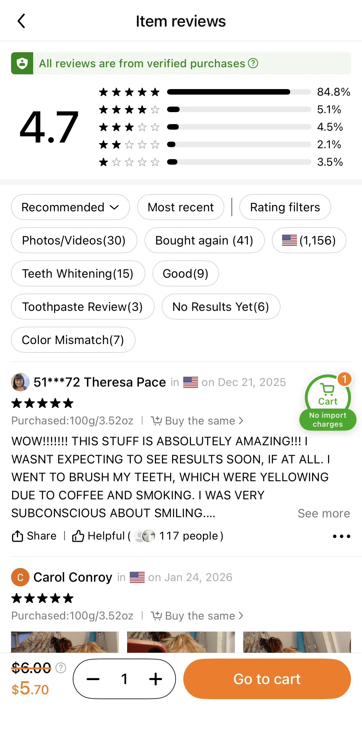Temu Screen screen in the Filtering reviews flow