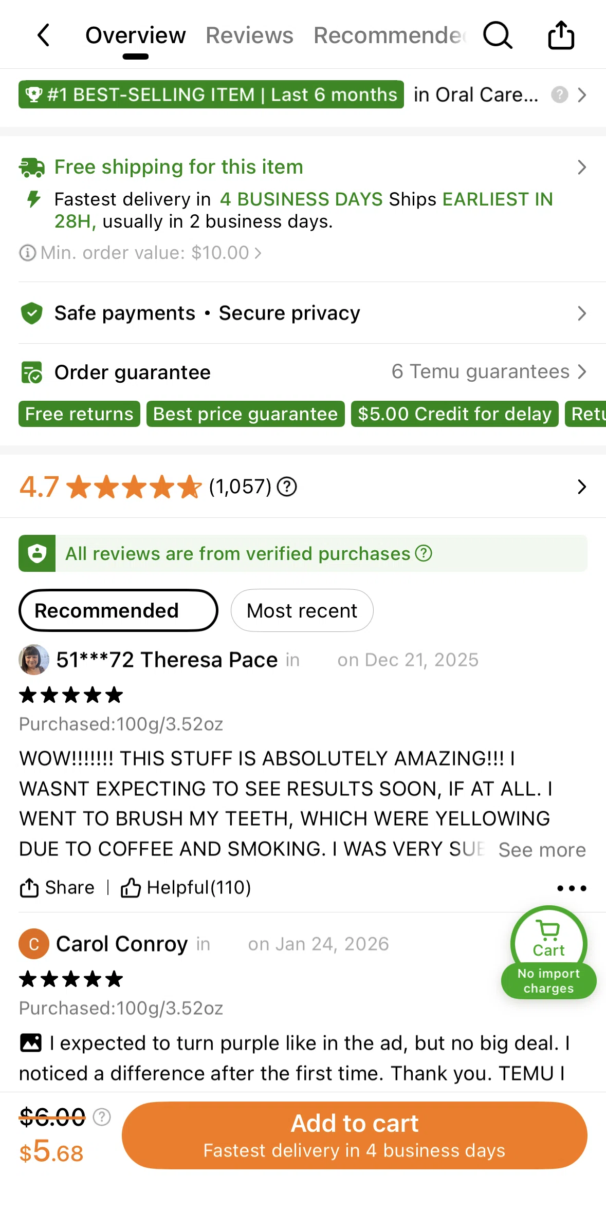 Temu Screen screen in the Item reviews flow