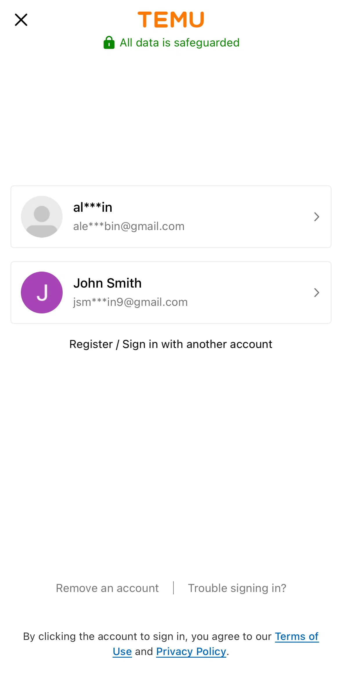 Temu Screen screen in the Logging in flow