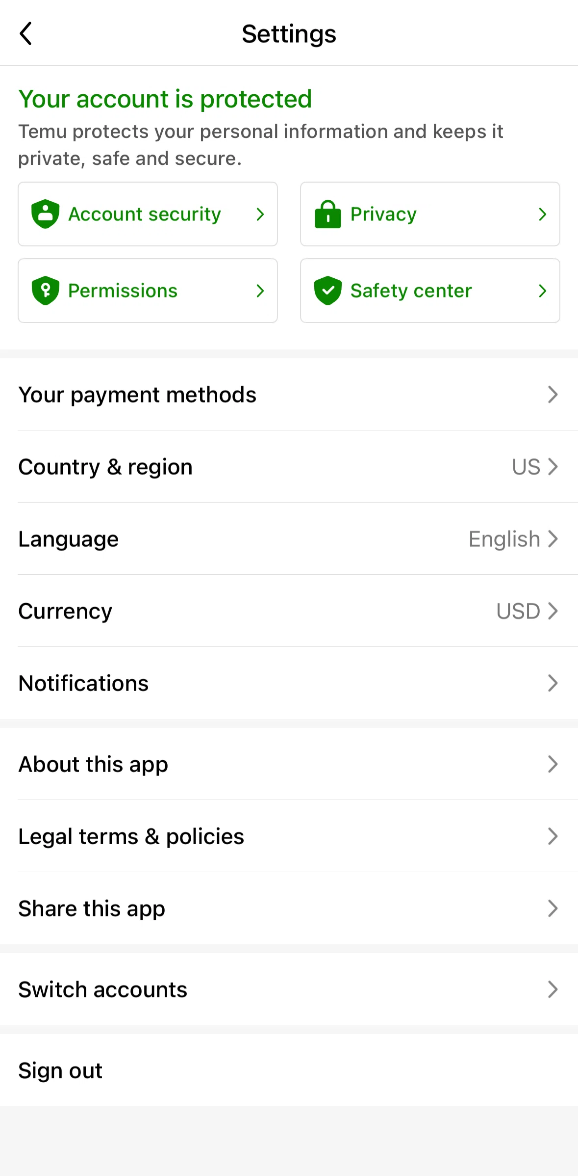 Temu Screen screen in the Logging out flow