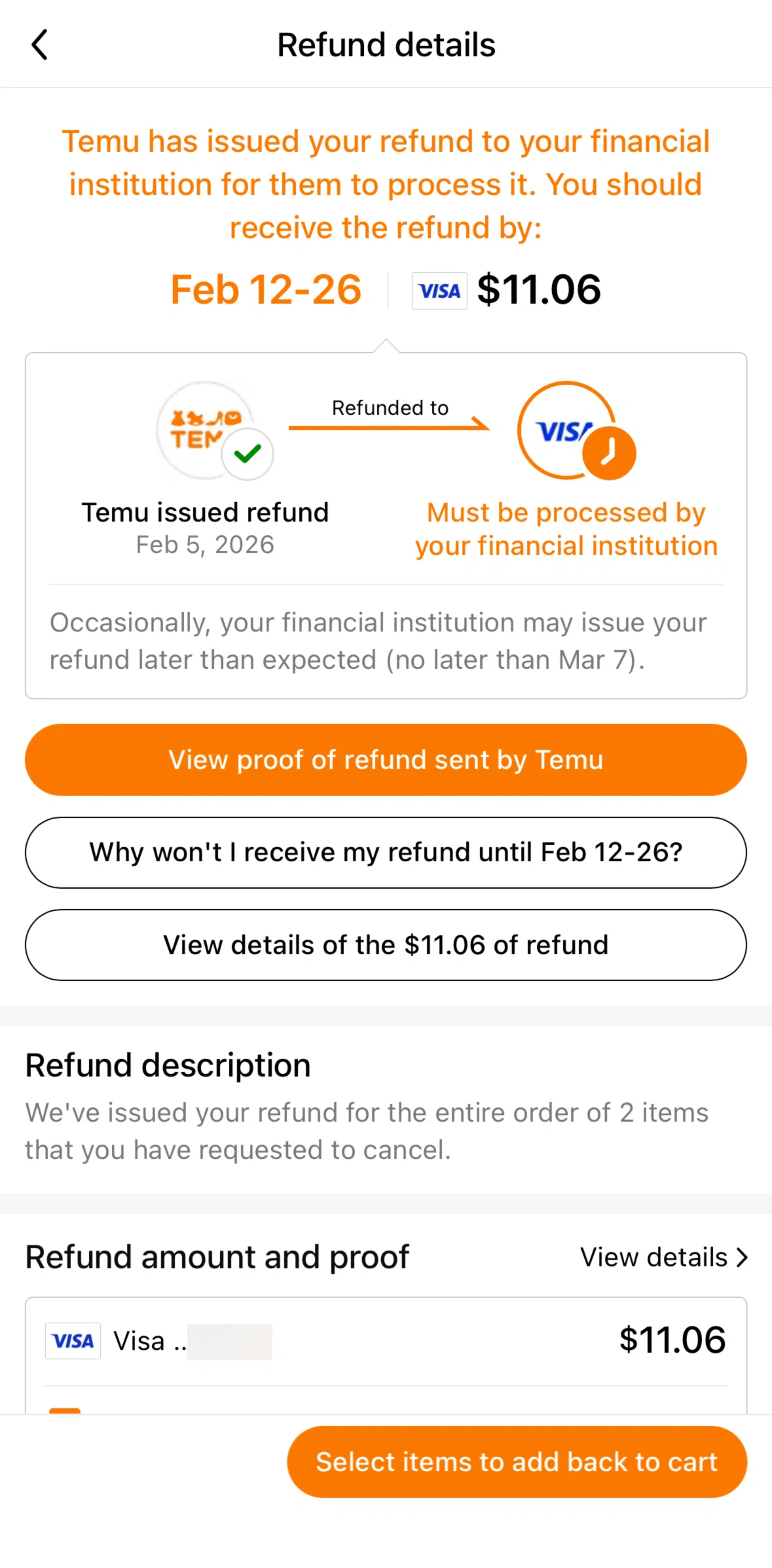 Temu Screen screen in the Proof of refund flow