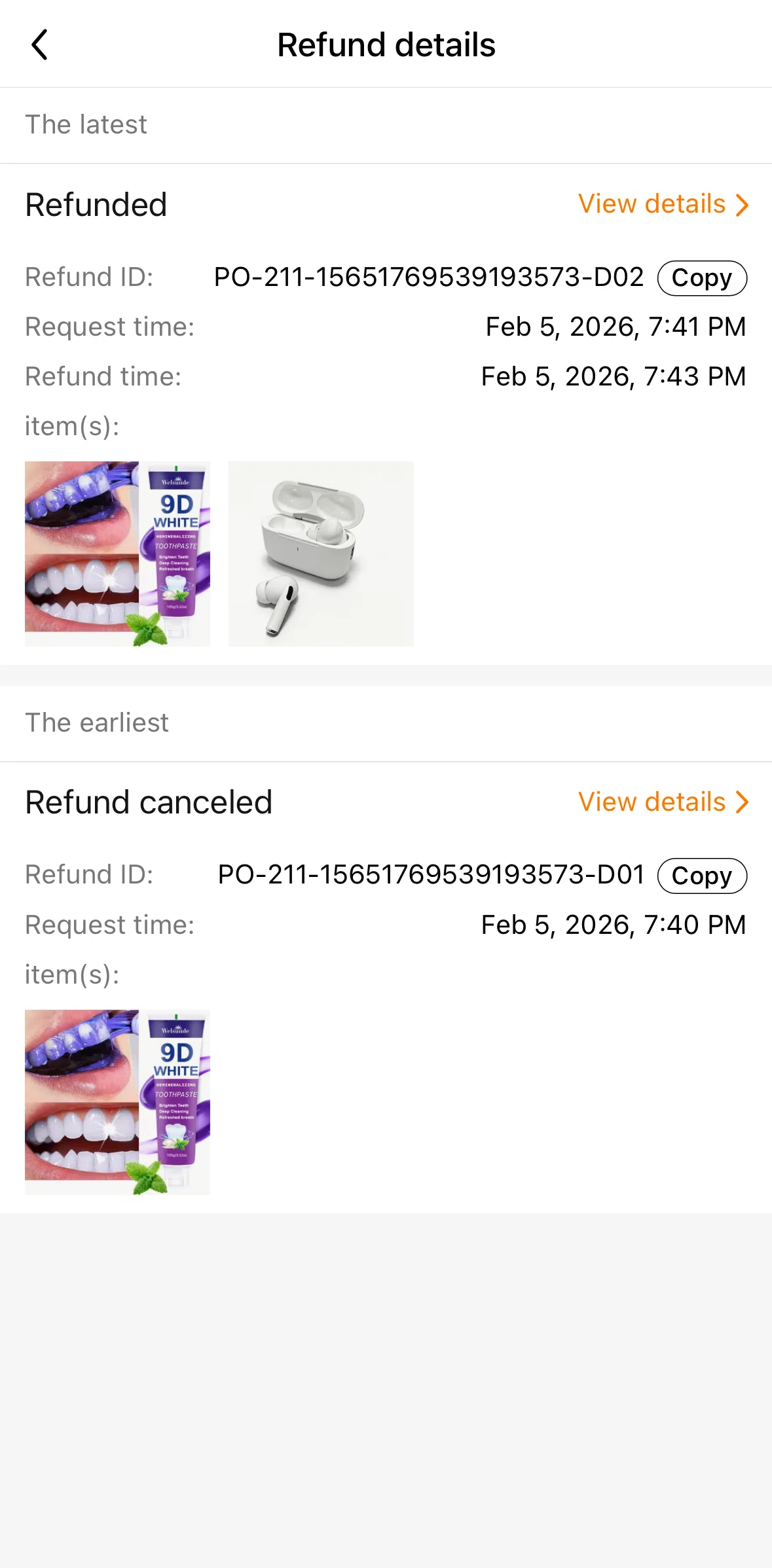 Temu Screen screen in the Refund detail flow