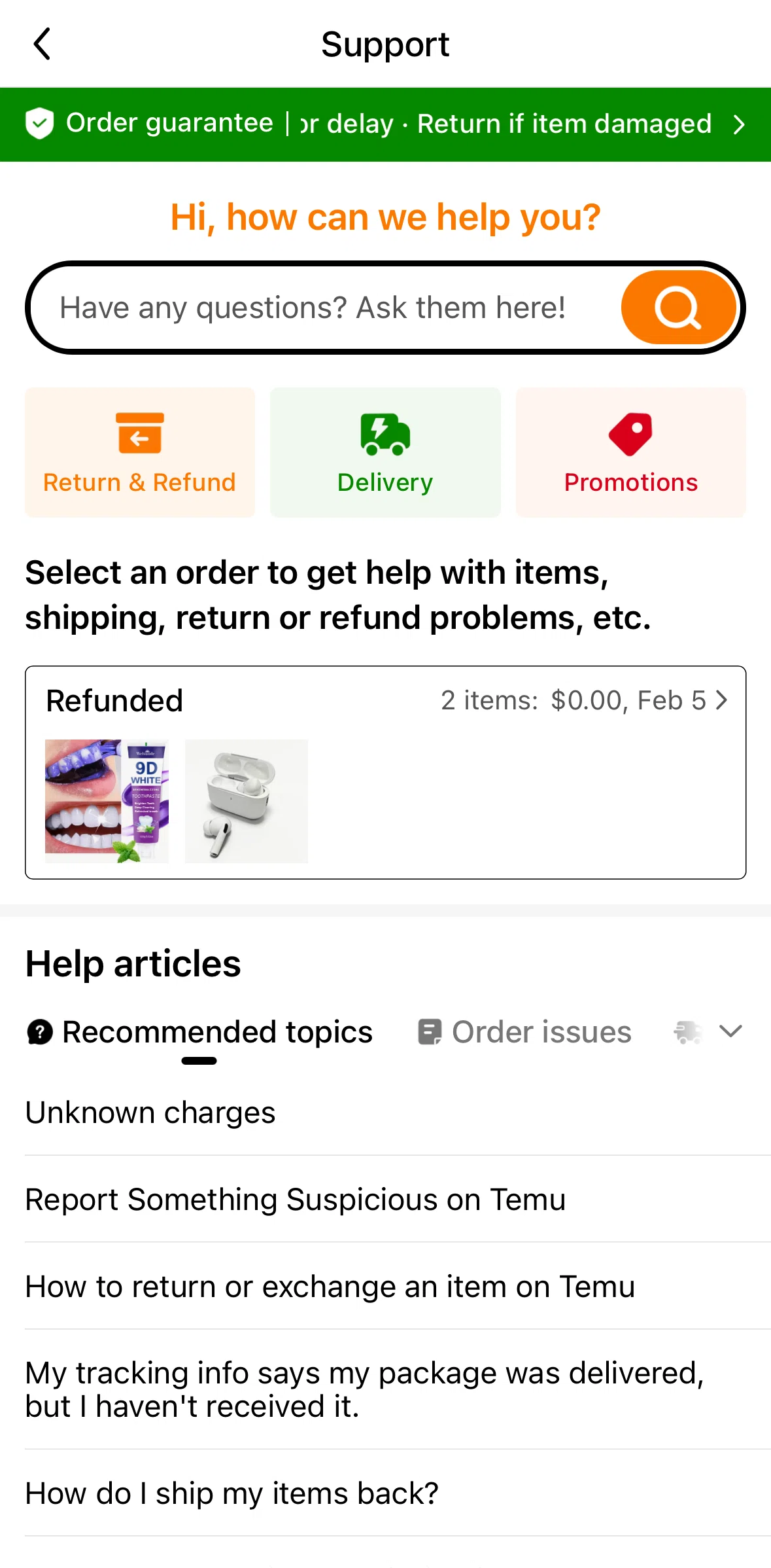 Temu Screen screen in the Return & refund flow