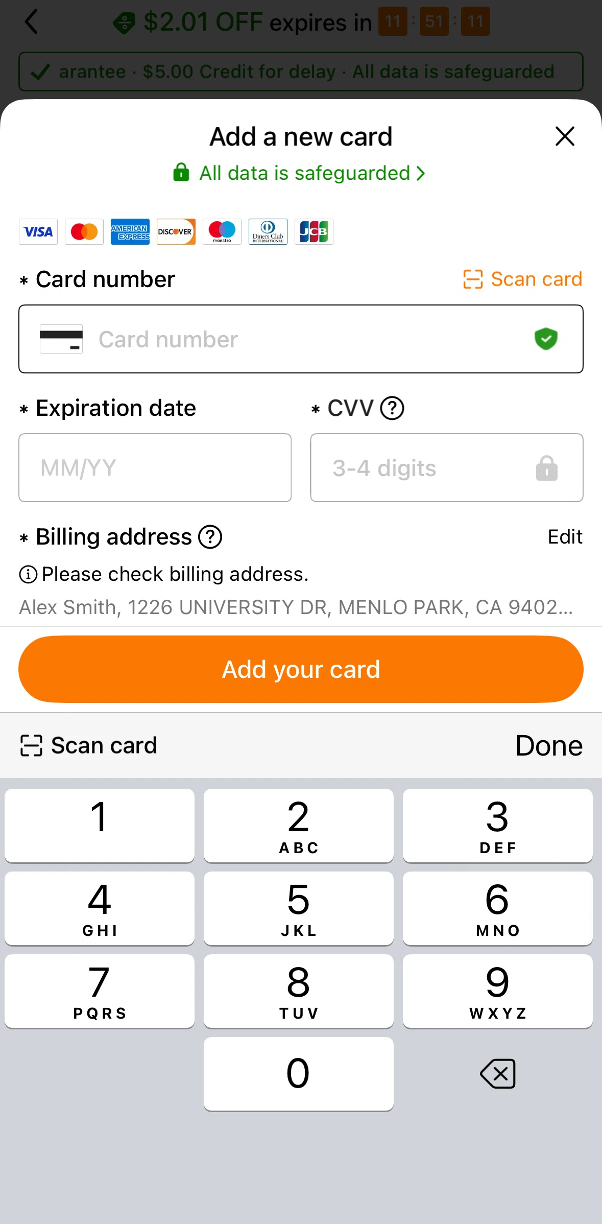 Temu Screen screen in the Scanning a card flow