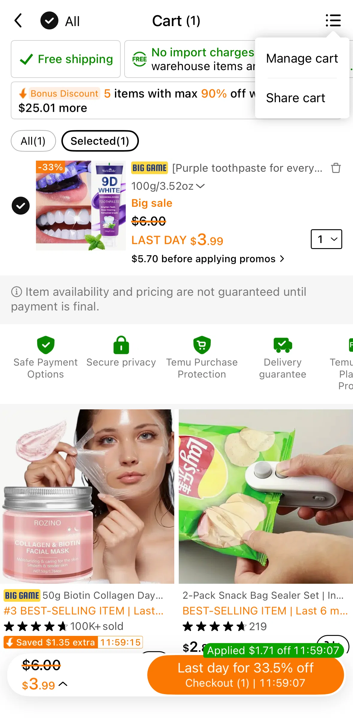 Temu Screen screen in the Sharing a cart flow