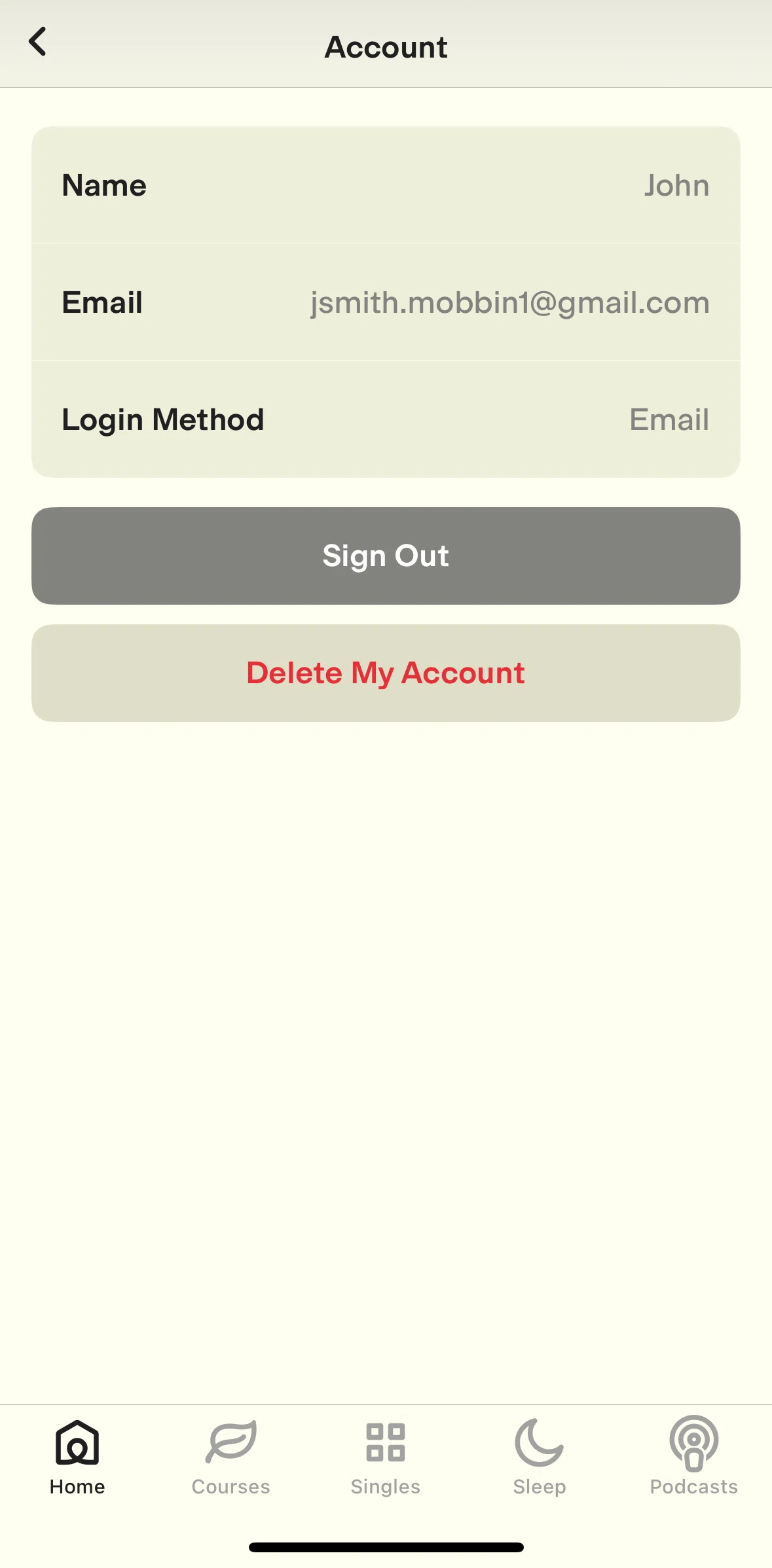 Ten Percent Happier Screen screen in the Deleting my account flow