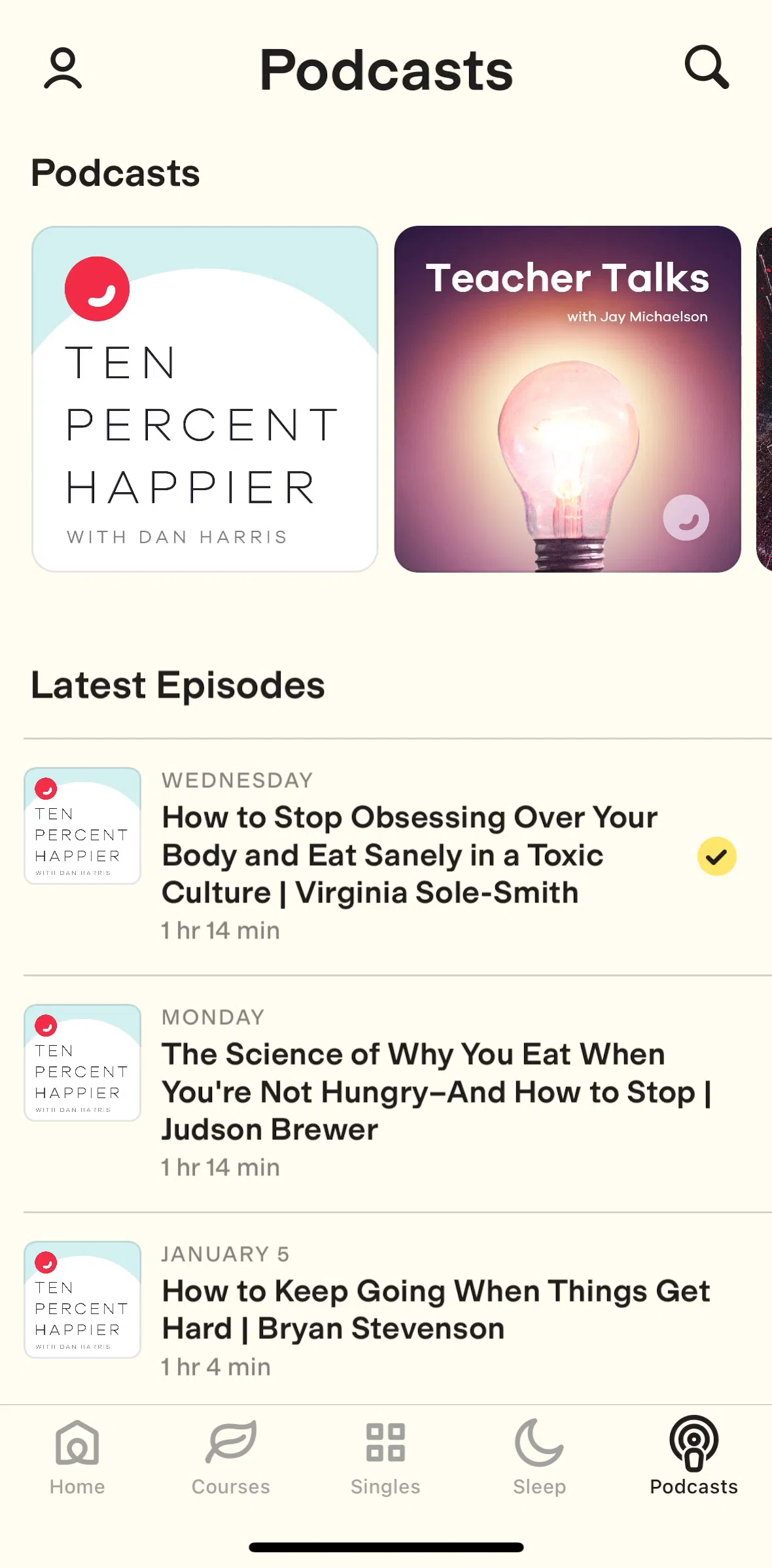 Ten Percent Happier Screen screen in the Listening to a podcast flow