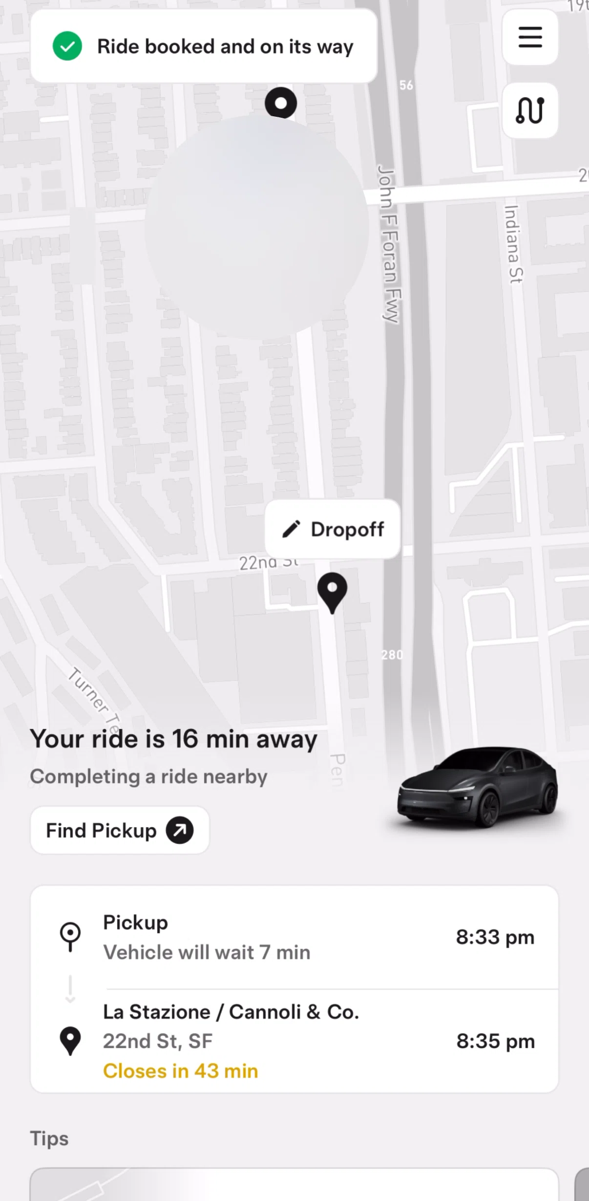 Tesla Robotaxi Screen screen in the Finding pickup flow