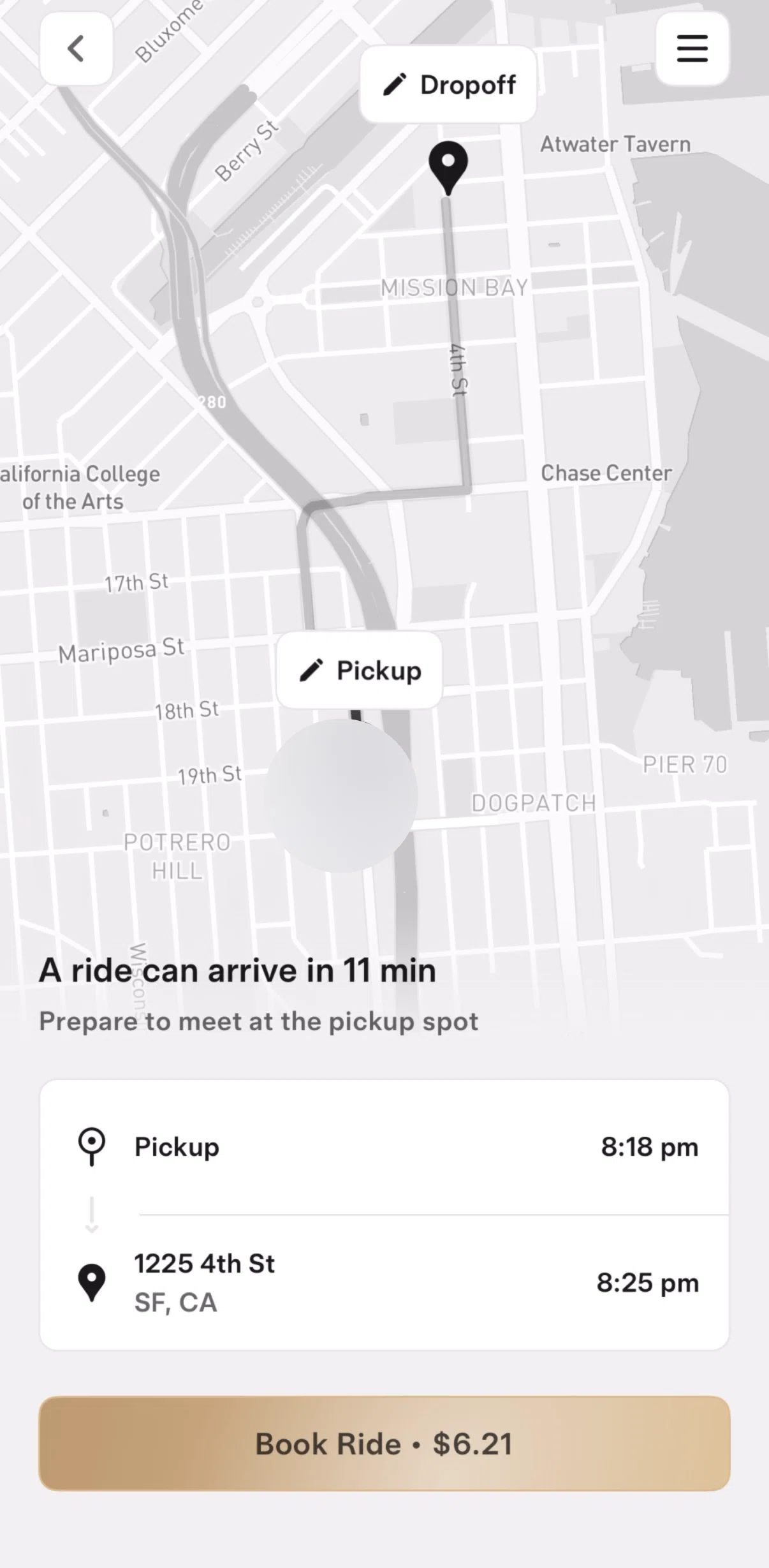 Tesla Robotaxi Screen screen in the Selecting a dropoff point flow