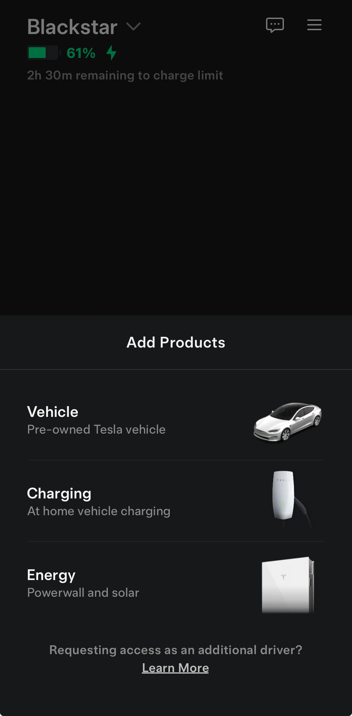 Tesla Screen screen in the Add a charging product flow
