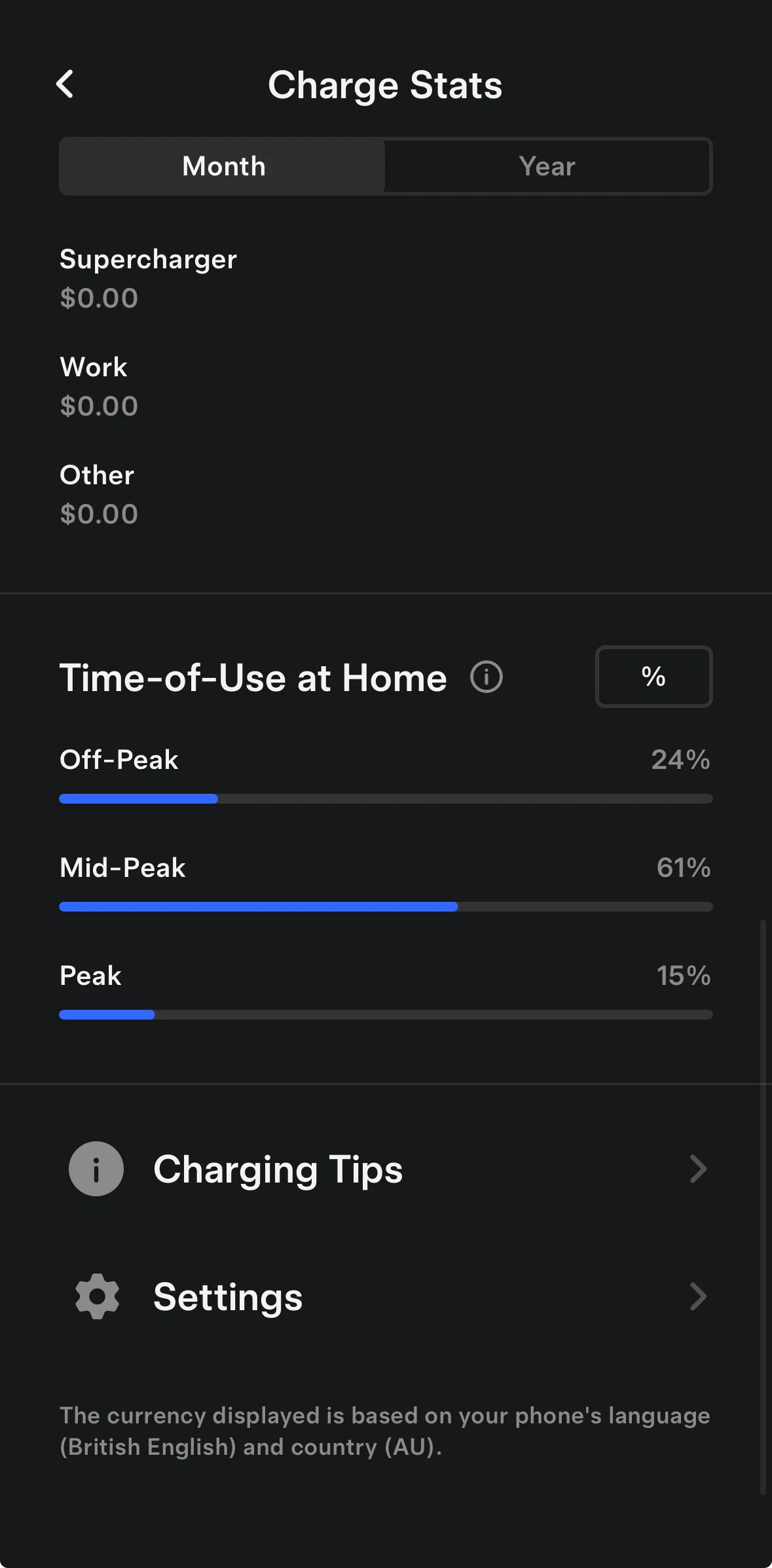 Tesla Screen screen in the Charging costs summary (home) flow