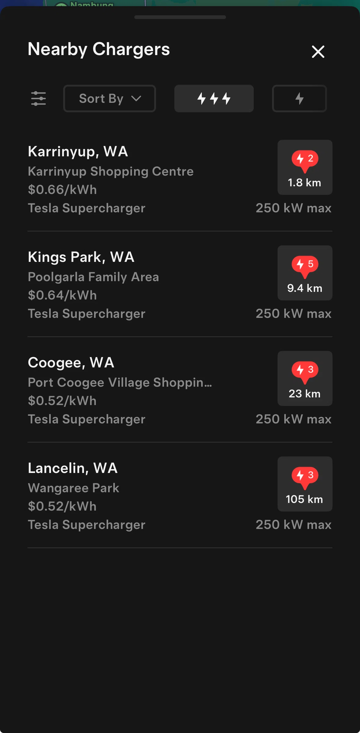 Tesla Screen screen in the Filtering chargers flow