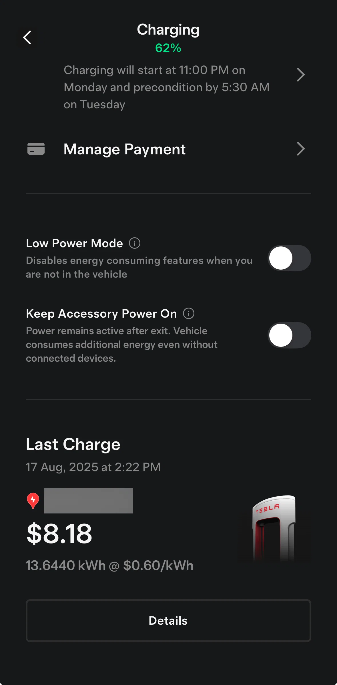 Tesla Screen screen in the Manage payment flow