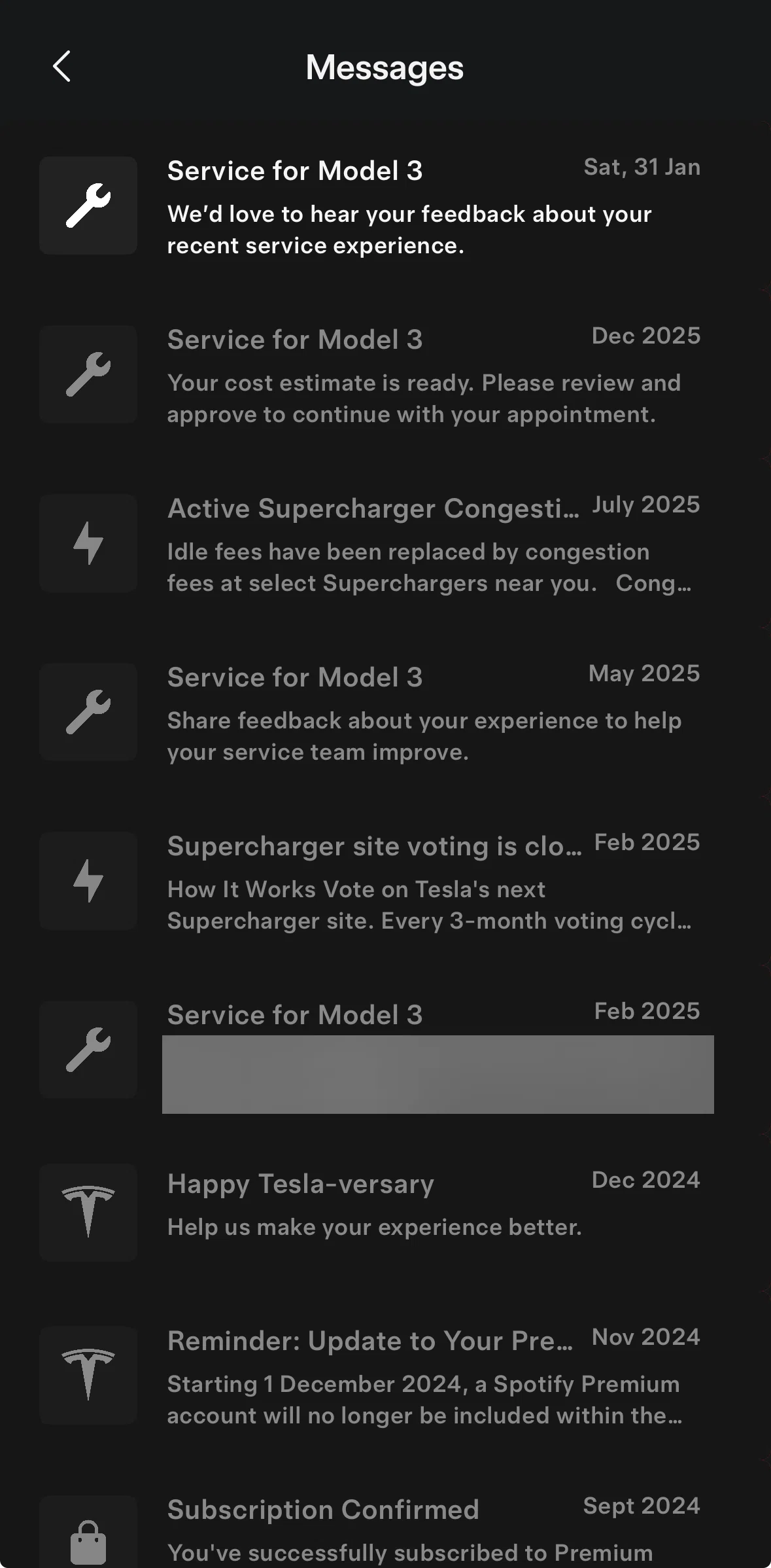 Tesla Screen screen in the Message detail flow
