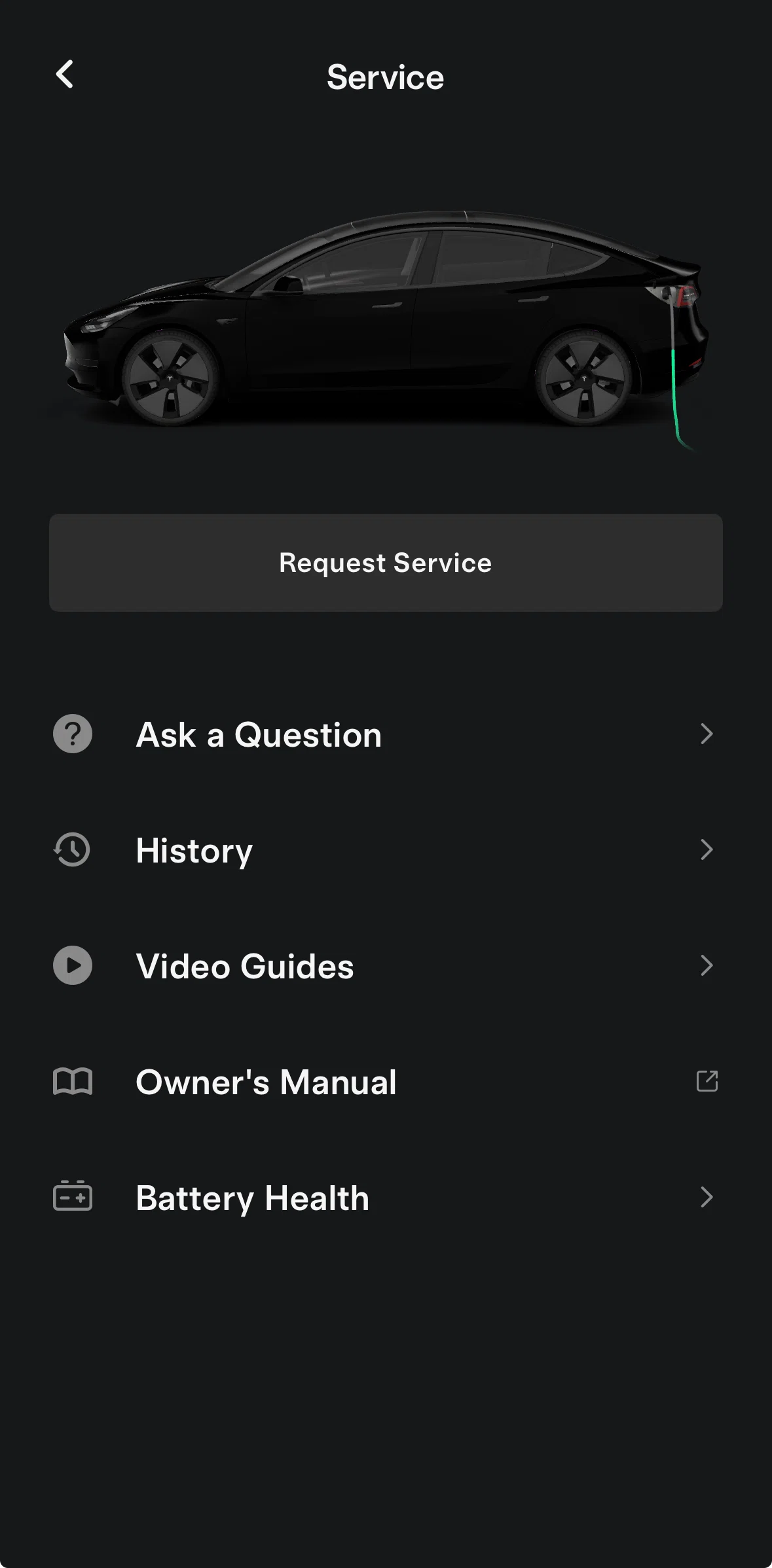 Tesla Screen screen in the Request a service flow