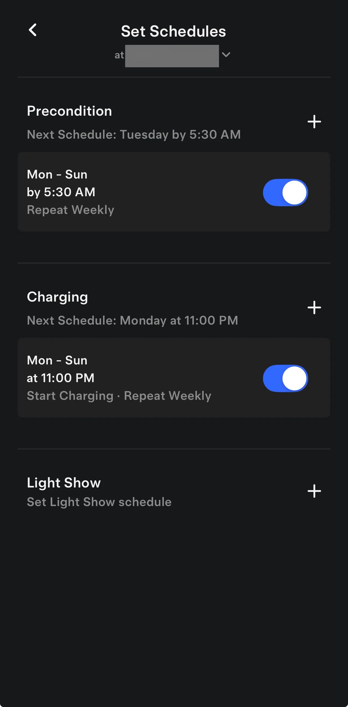 Tesla Screen screen in the Scheduling a light show flow