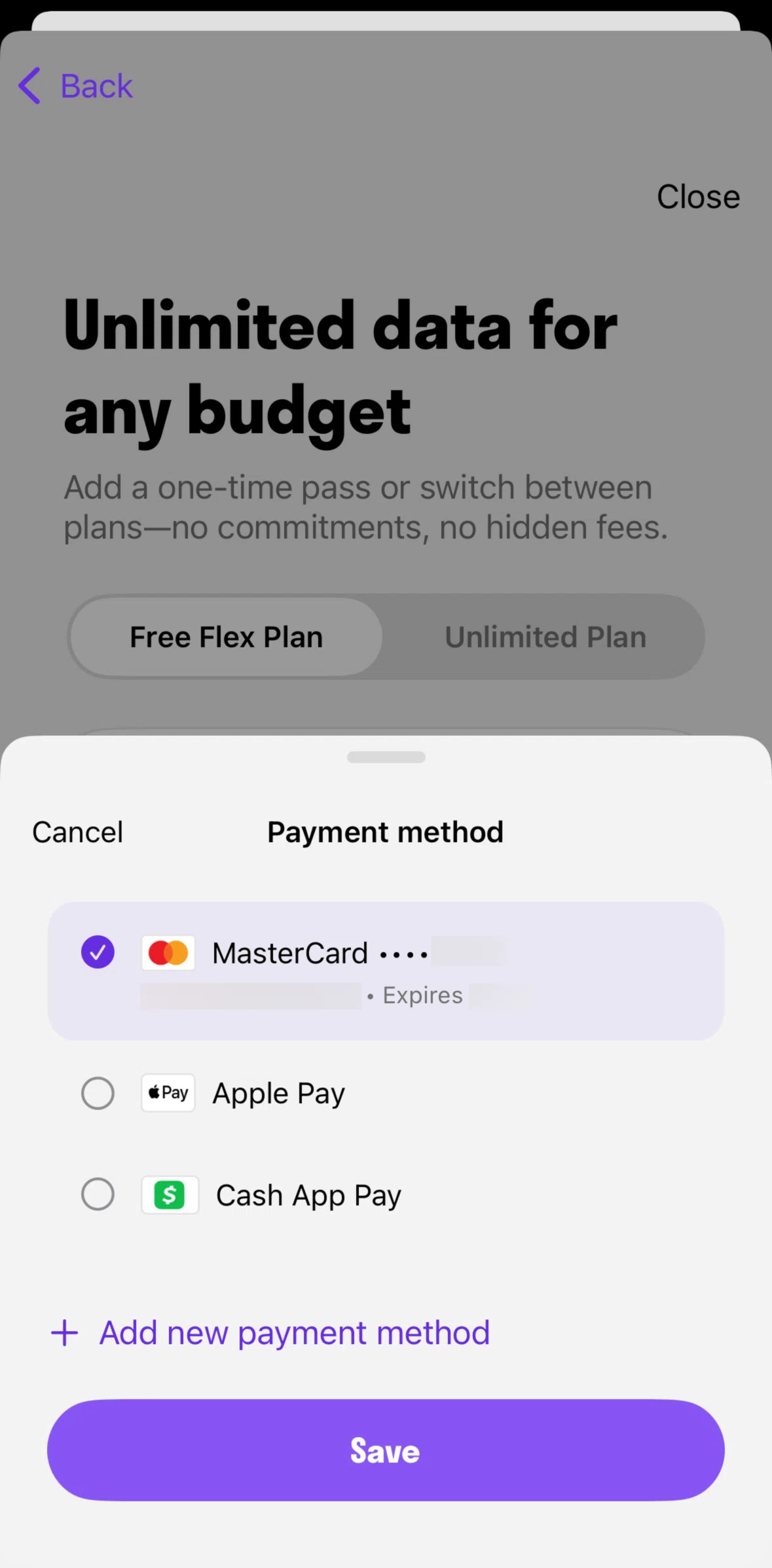 TextNow Screen screen in the Add a payment method flow