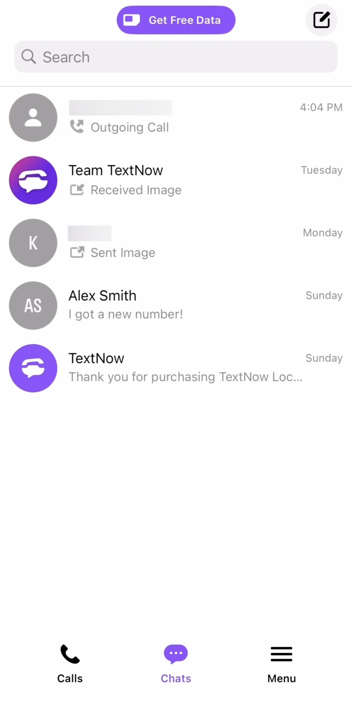 TextNow Screen screen in the Chat detail flow
