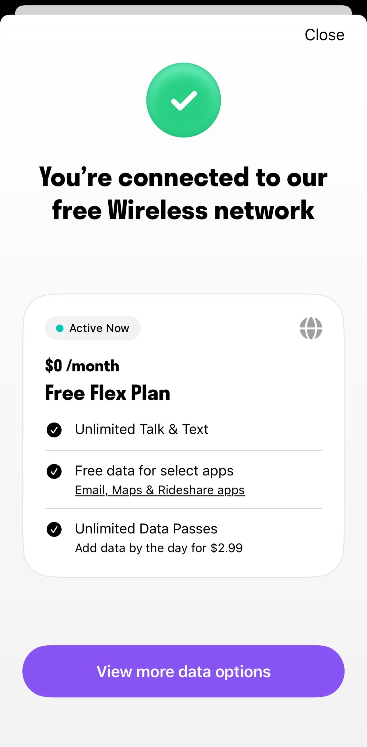 TextNow Screen screen in the Data options flow