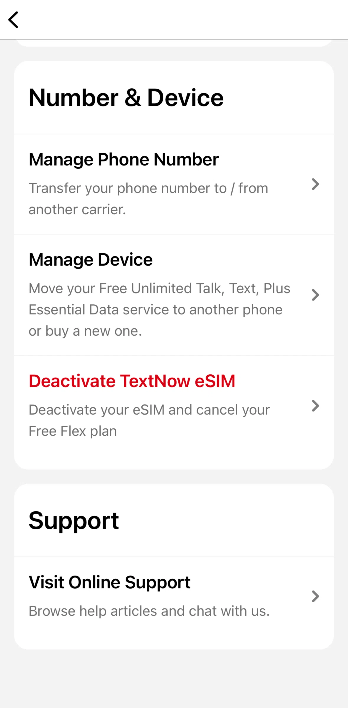 TextNow Screen screen in the Deactivating an eSIM flow