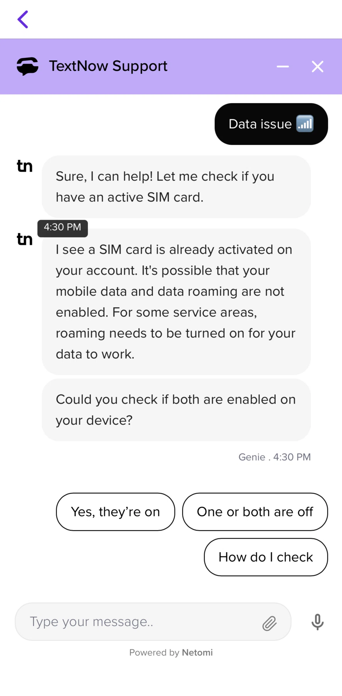 TextNow Screen screen in the Ending a chat flow