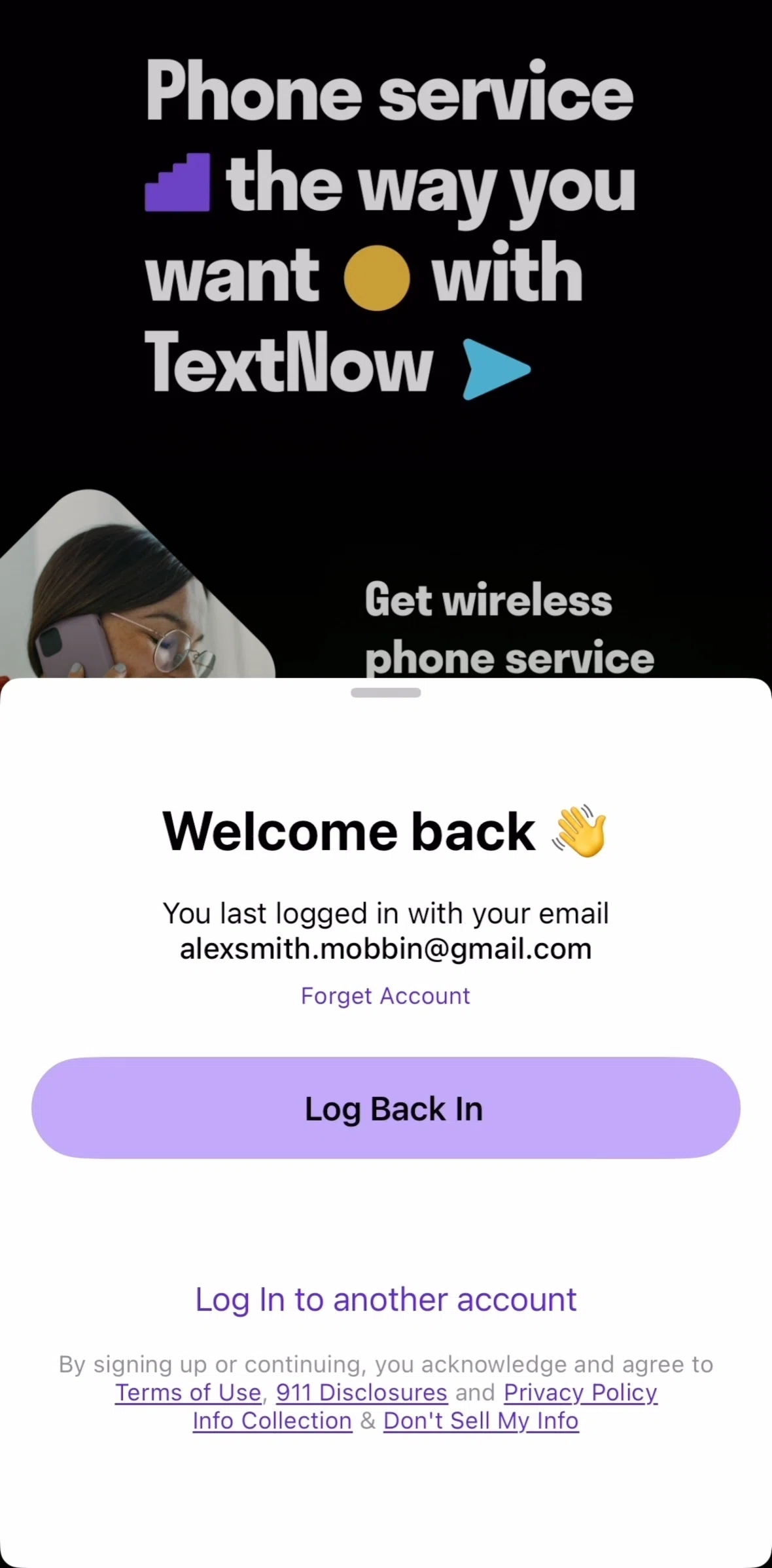 TextNow Screen screen in the Logging in flow