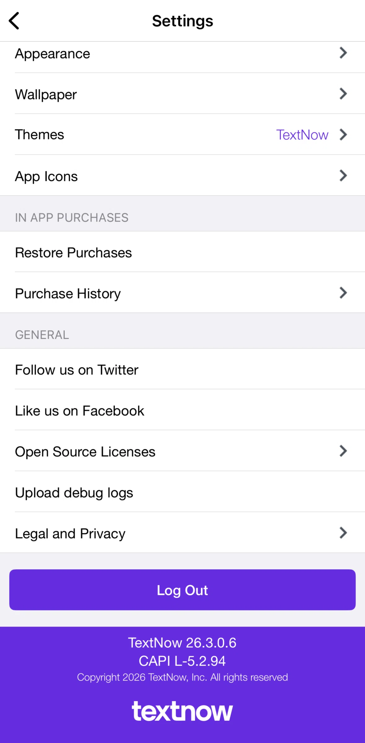 TextNow Screen screen in the Logging out flow