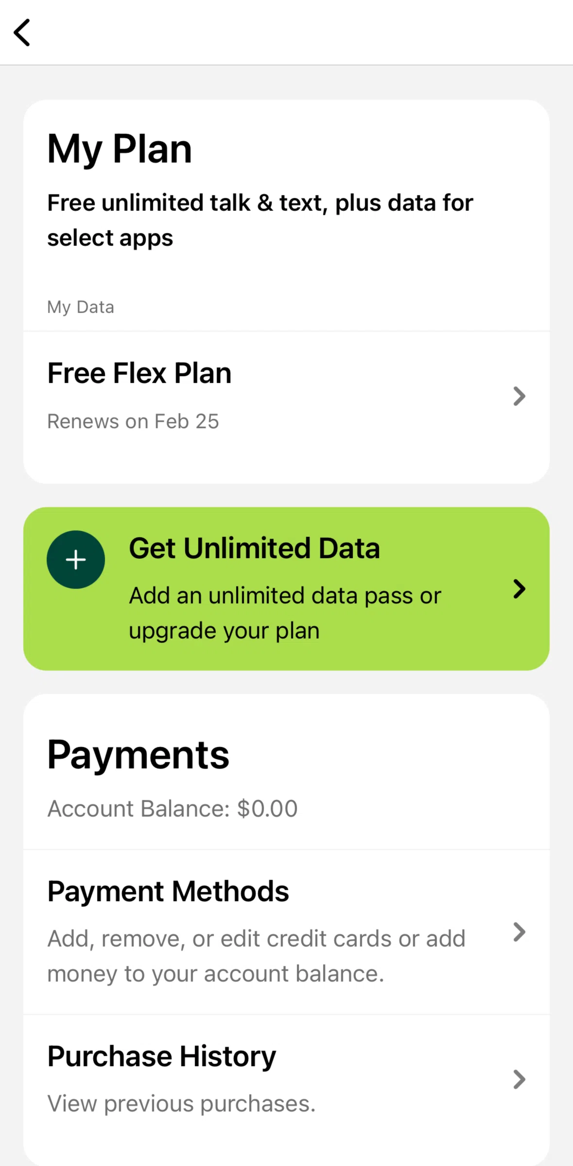 TextNow Screen screen in the Payment methods flow