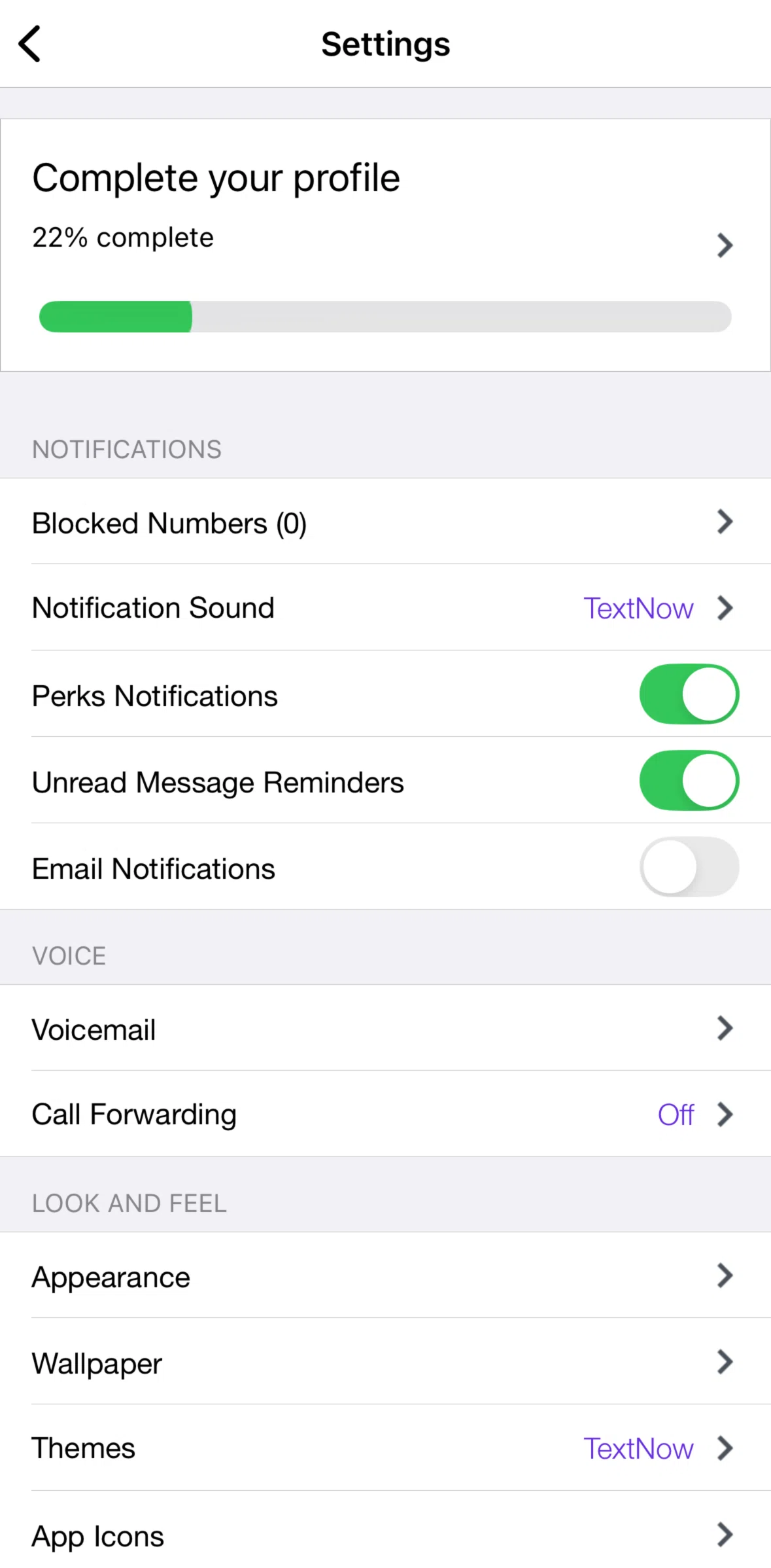 TextNow Screen screen in the Profile flow