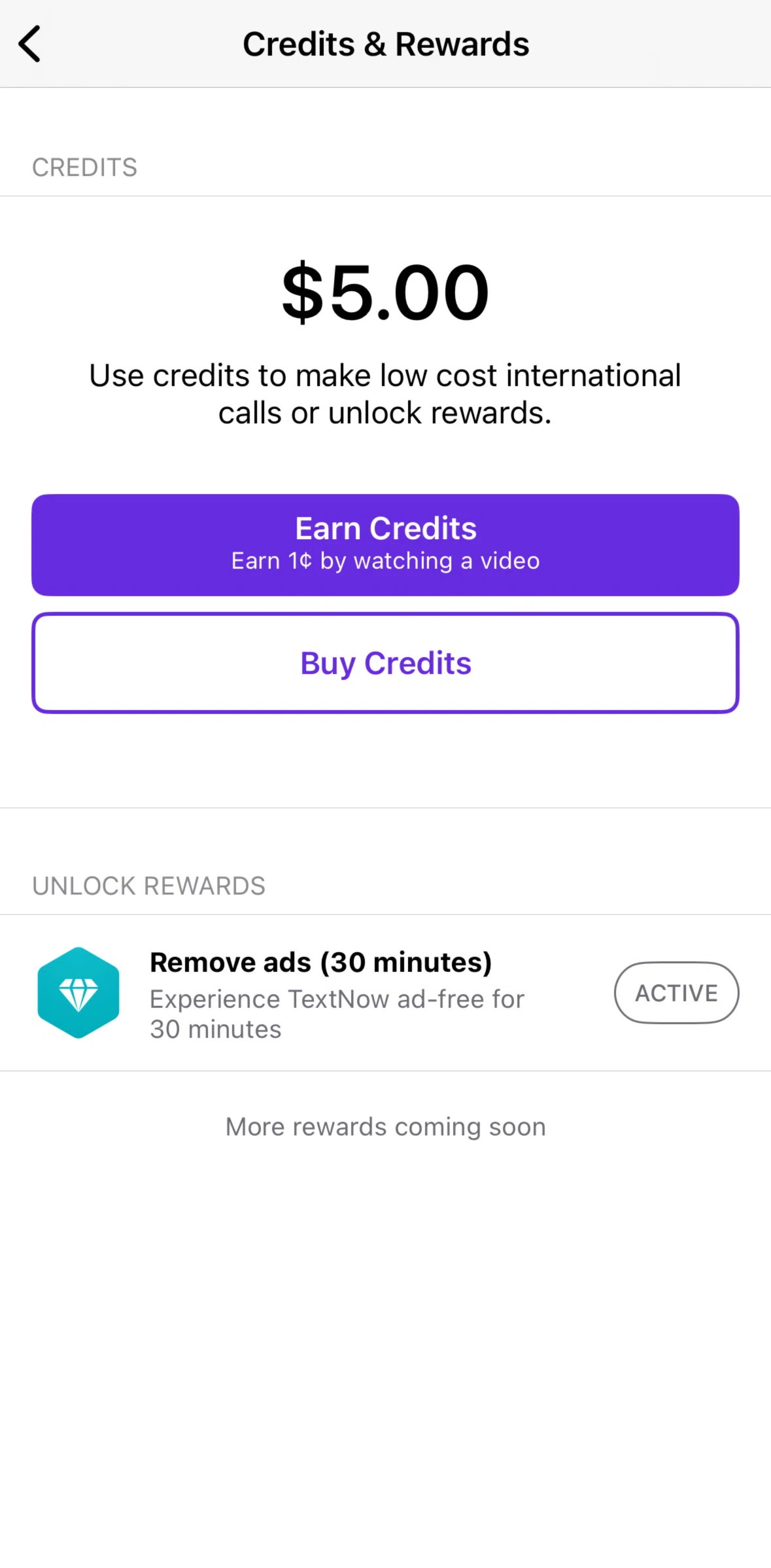 TextNow Screen screen in the Purchase credits (wallet) flow