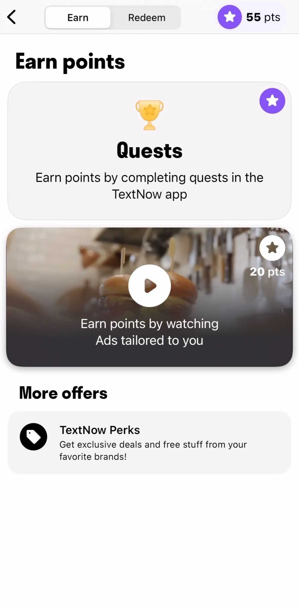 TextNow Screen screen in the Redeeming points flow
