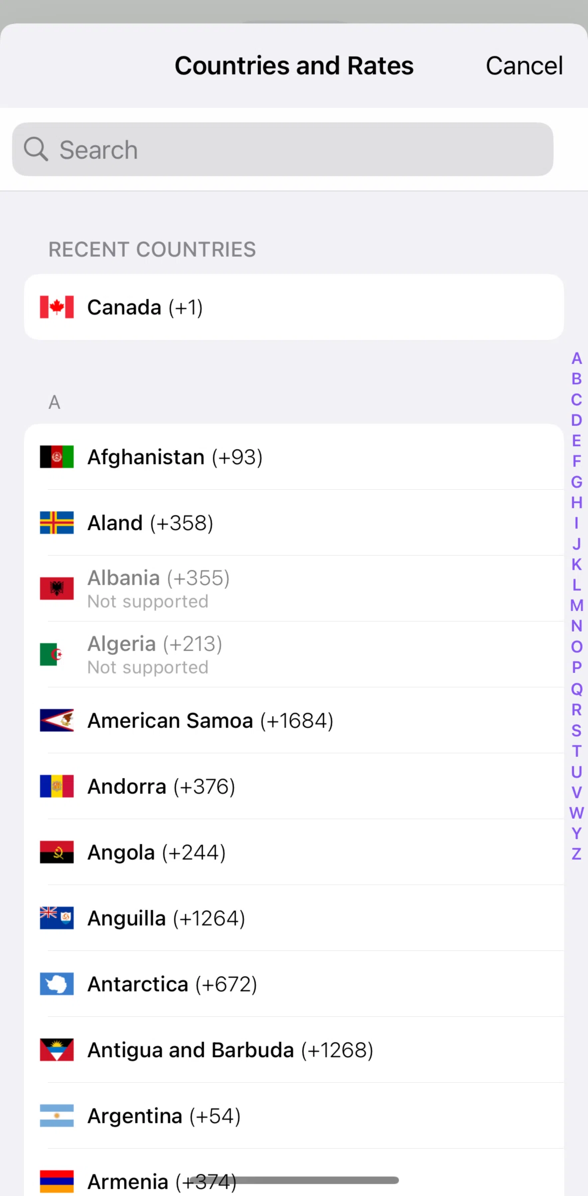 TextNow Screen screen in the Searching a country flow