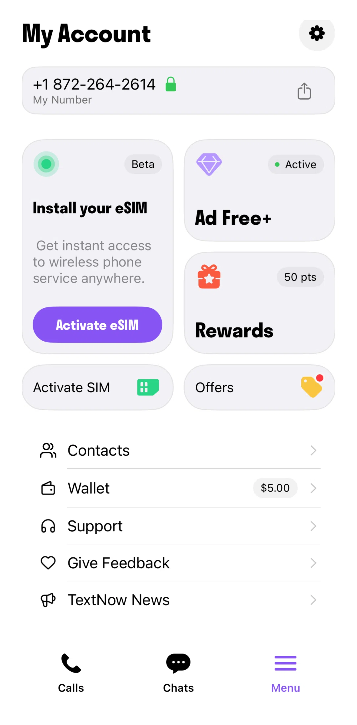 TextNow Screen screen in the Settings flow