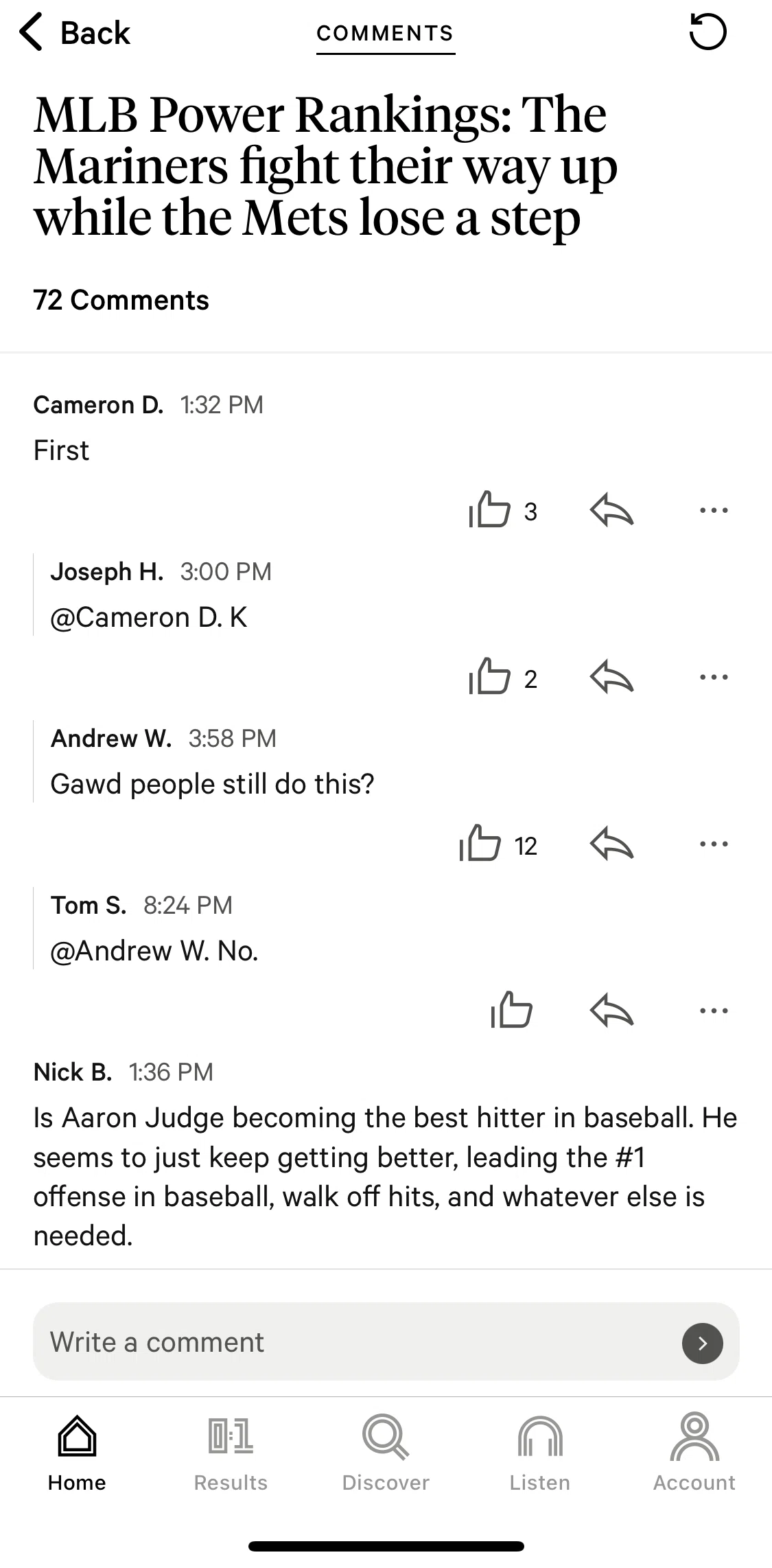 The Athletic Screen screen in the Adding a comment flow