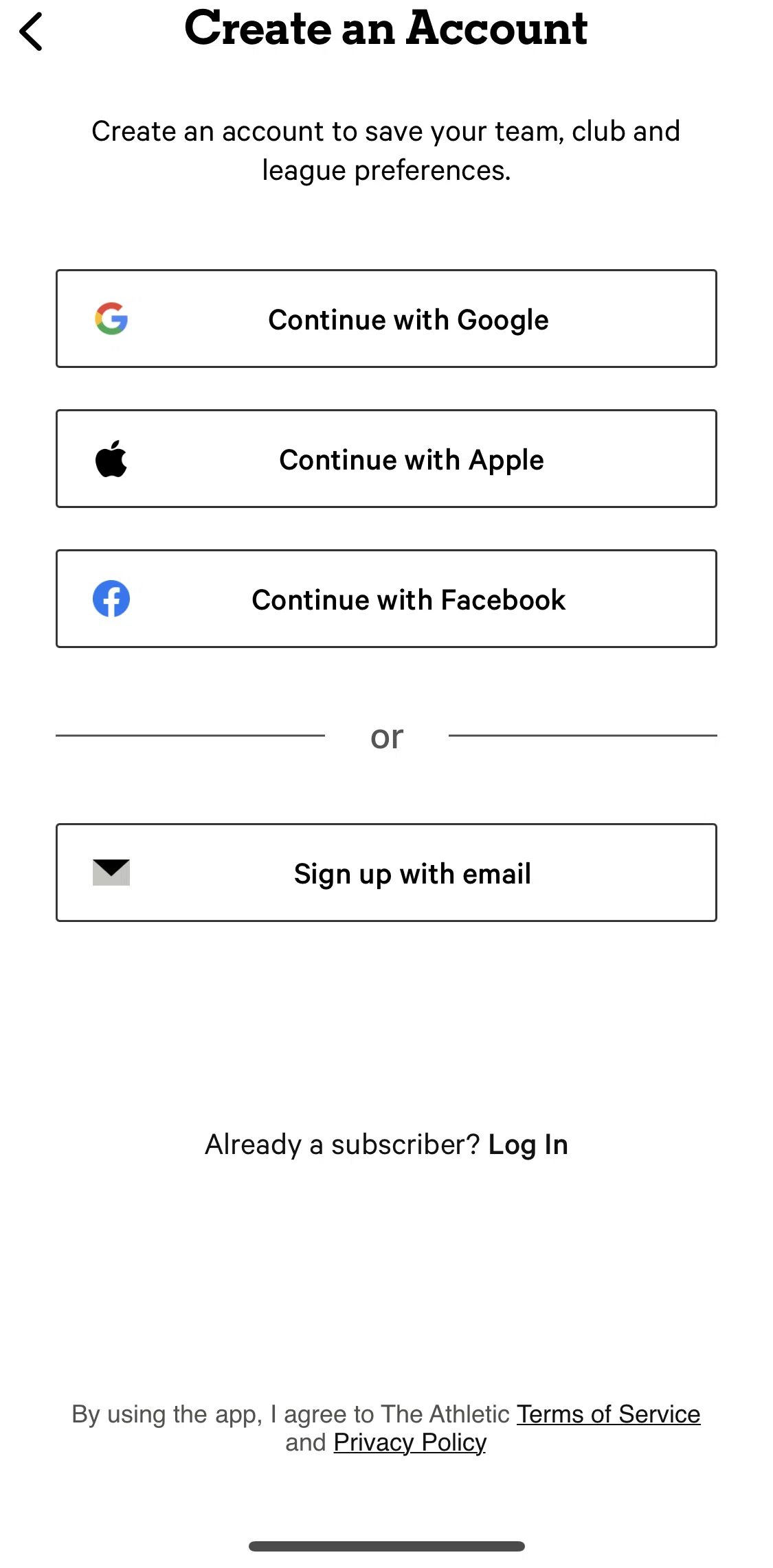 The Athletic Screen screen in the Creating an account flow