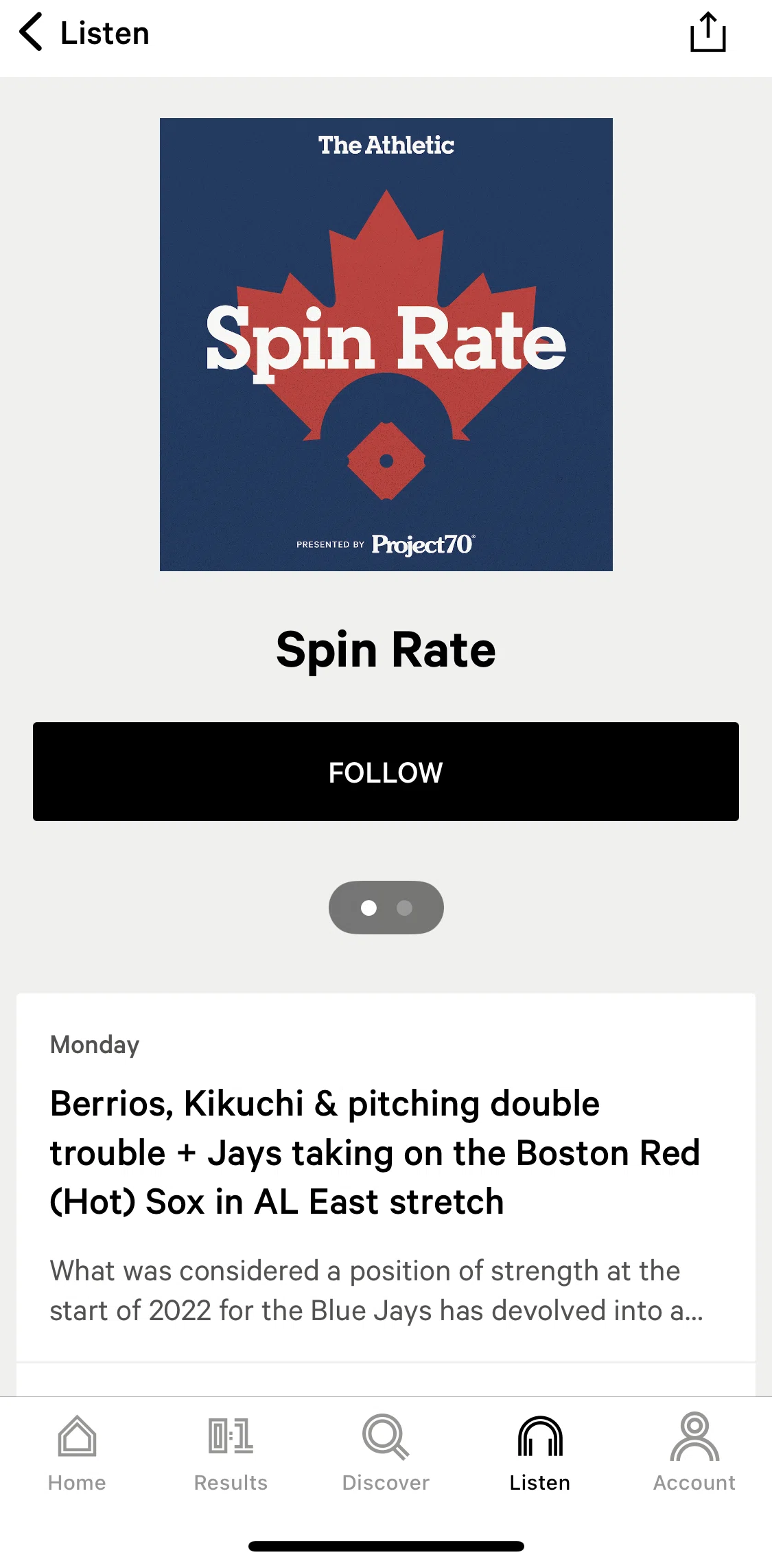 The Athletic Screen screen in the Following a podcast series flow