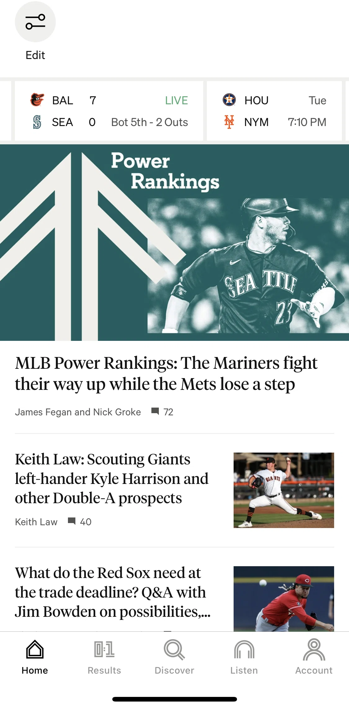 The Athletic Screen screen in the Home flow