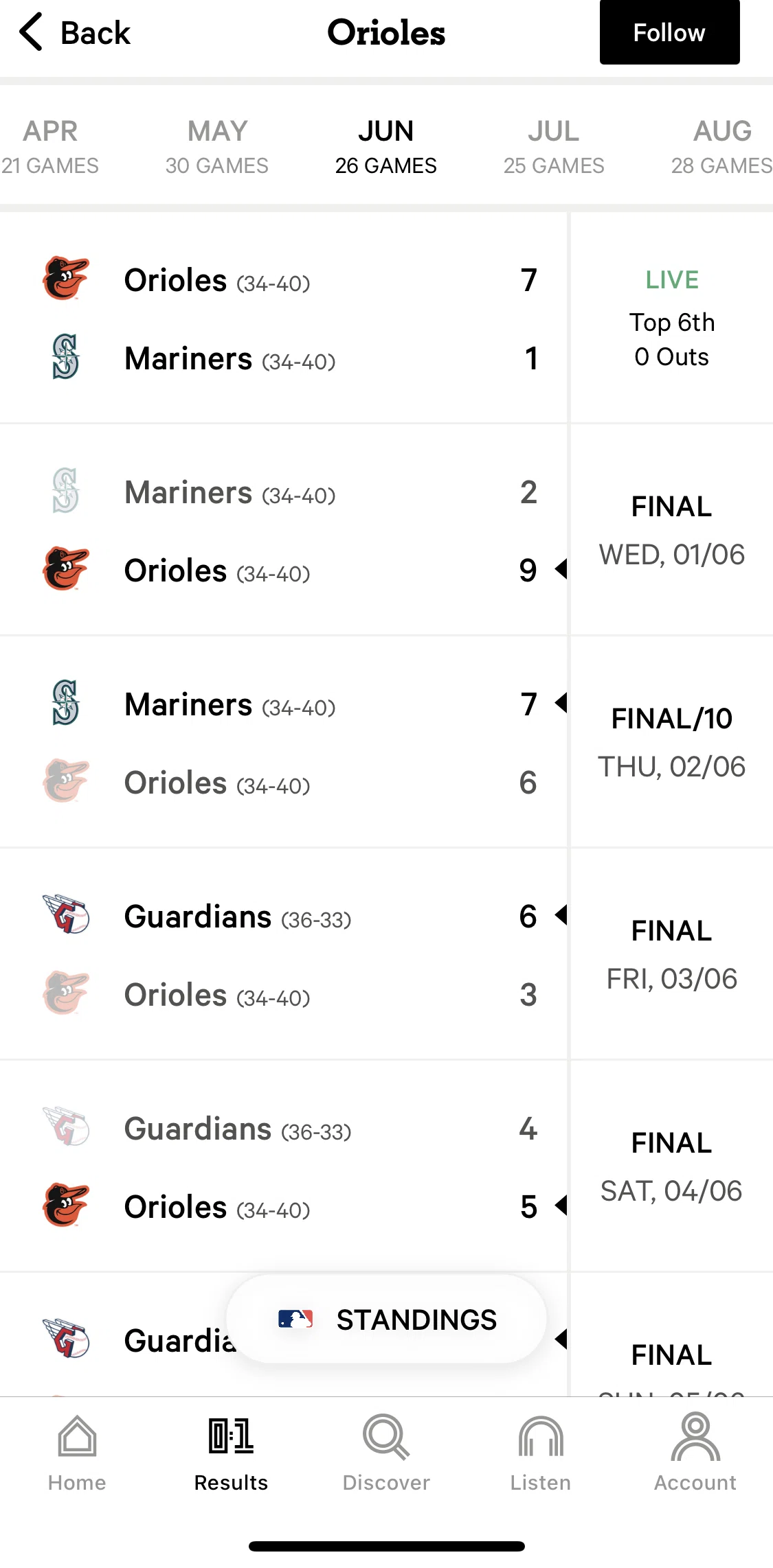 The Athletic Screen screen in the League standings flow