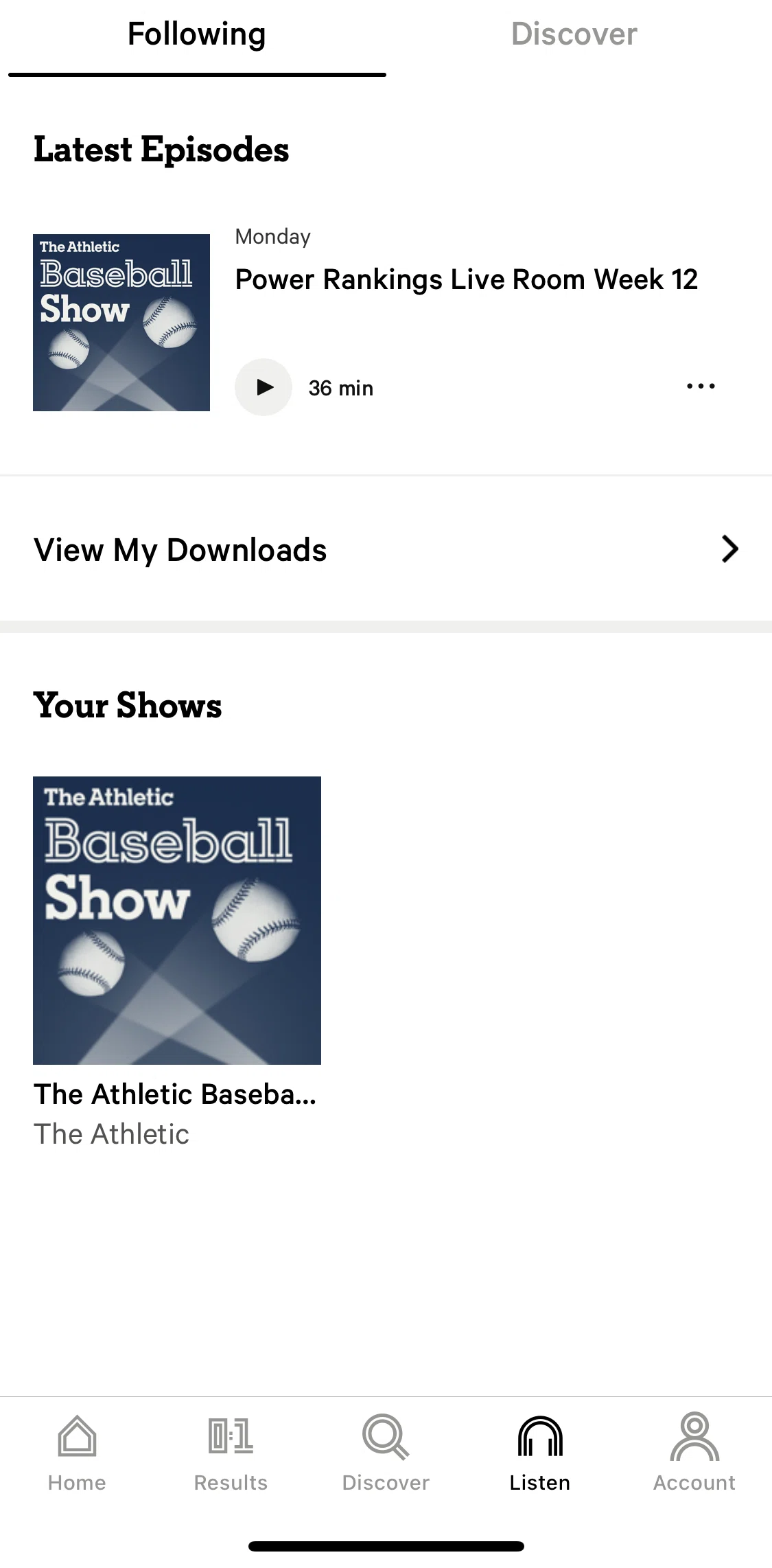 The Athletic Screen screen in the Listening to a podcast flow