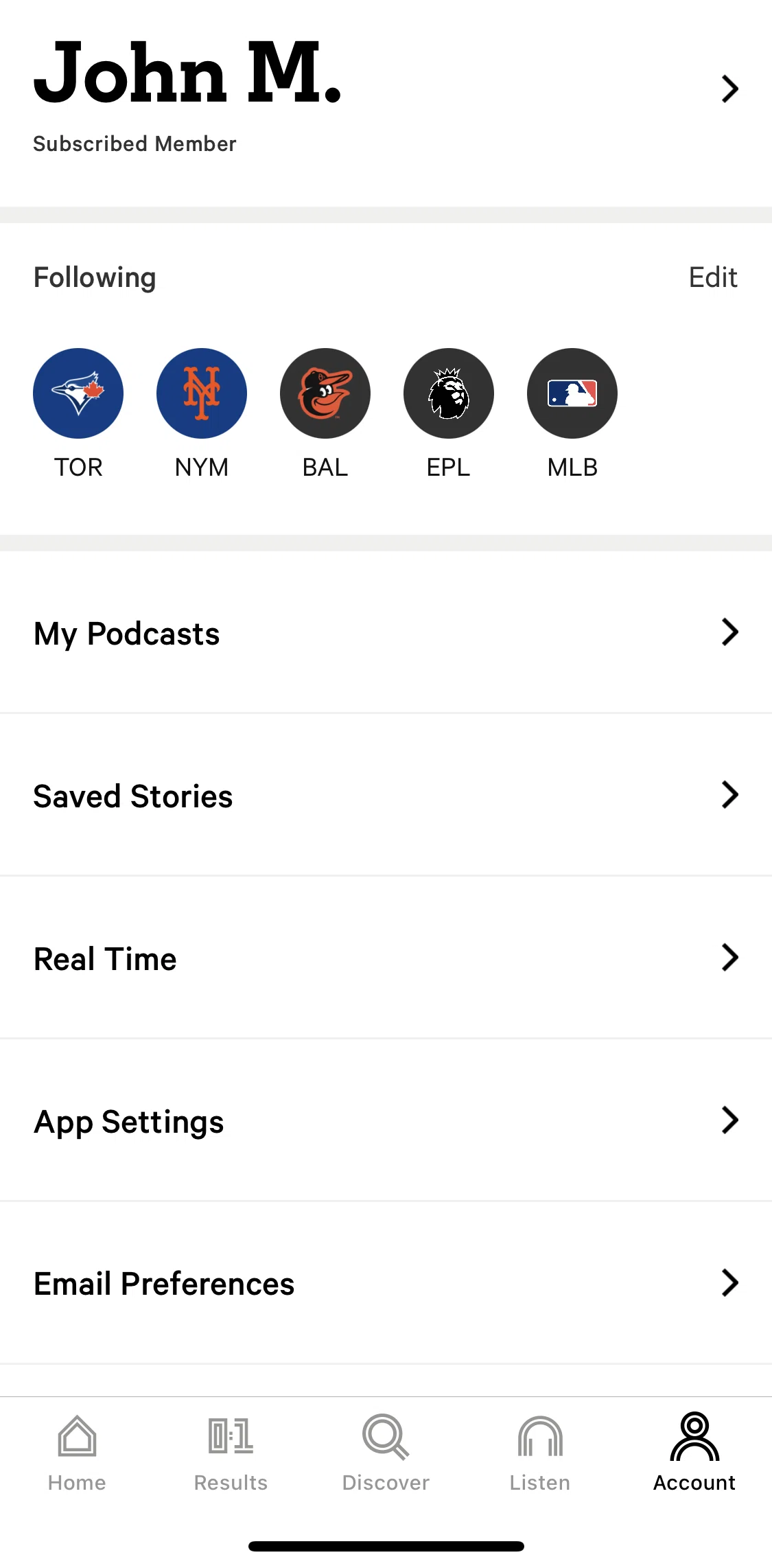 The Athletic Screen screen in the My account flow