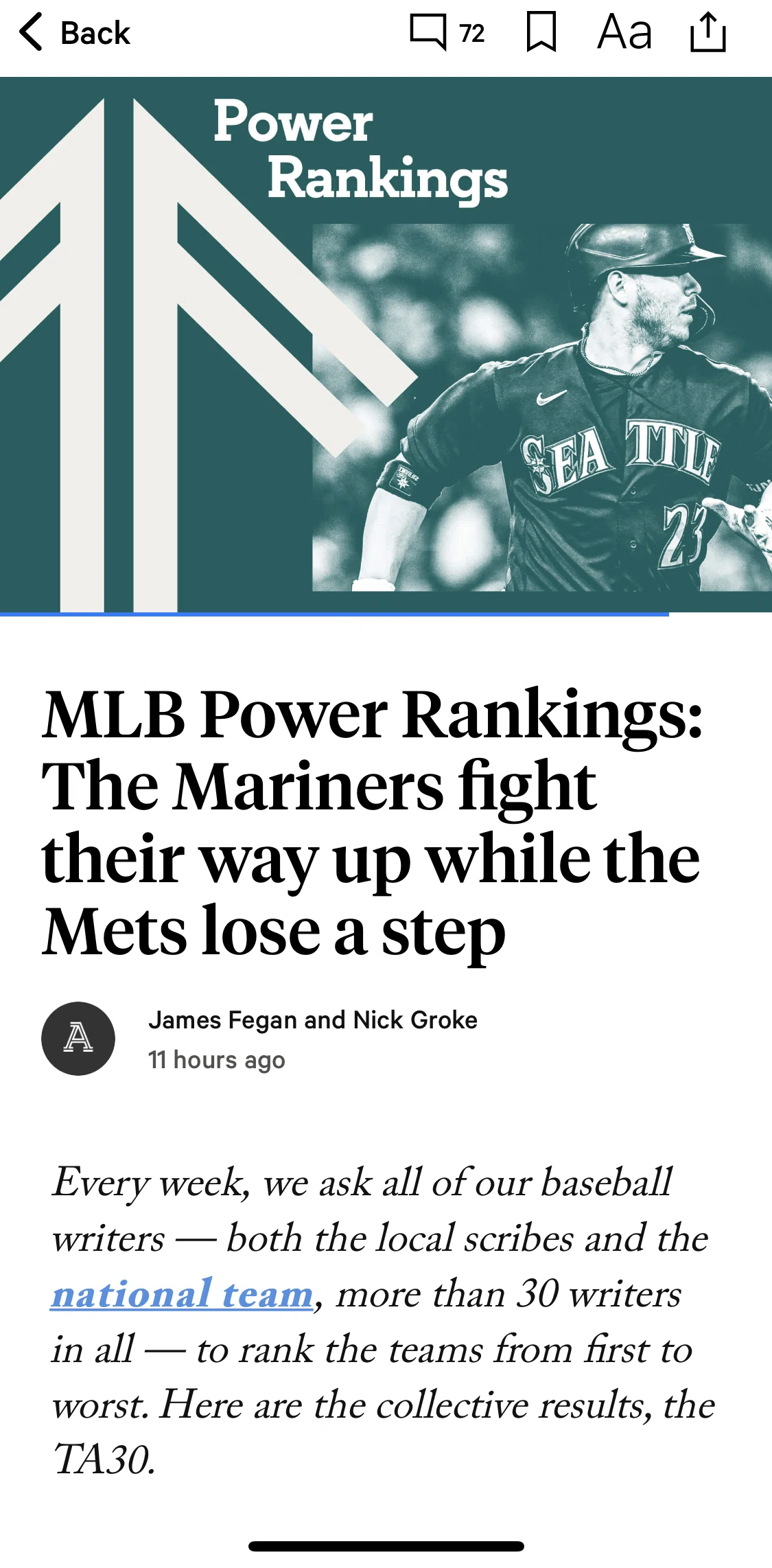 The Athletic Screen screen in the Saving article to collection flow