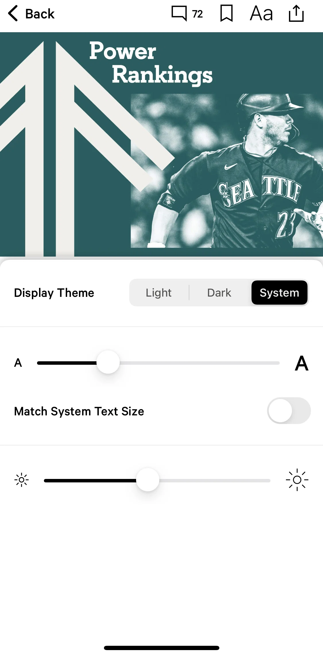 The Athletic Screen screen in the Setting text size flow