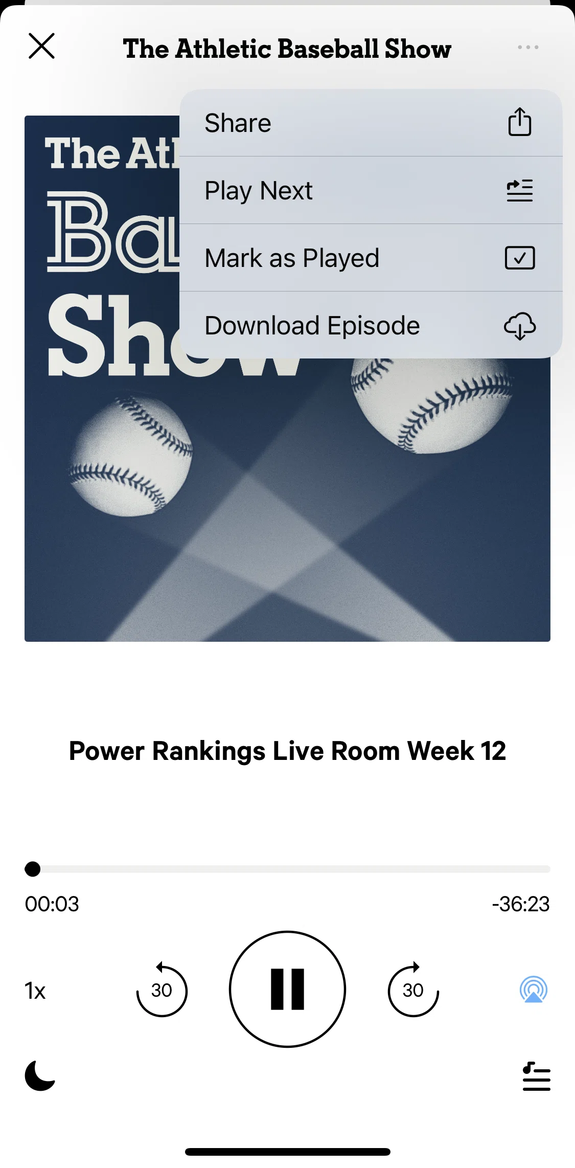 The Athletic Screen screen in the Sharing a podcast flow