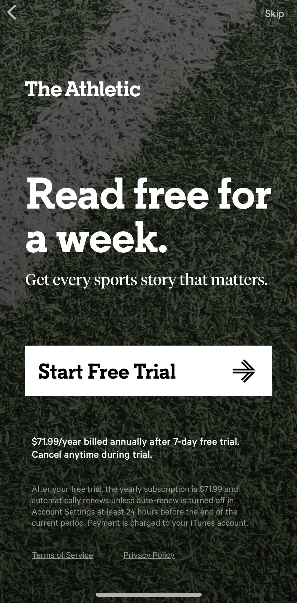The Athletic Screen screen in the Subscribing to premium flow